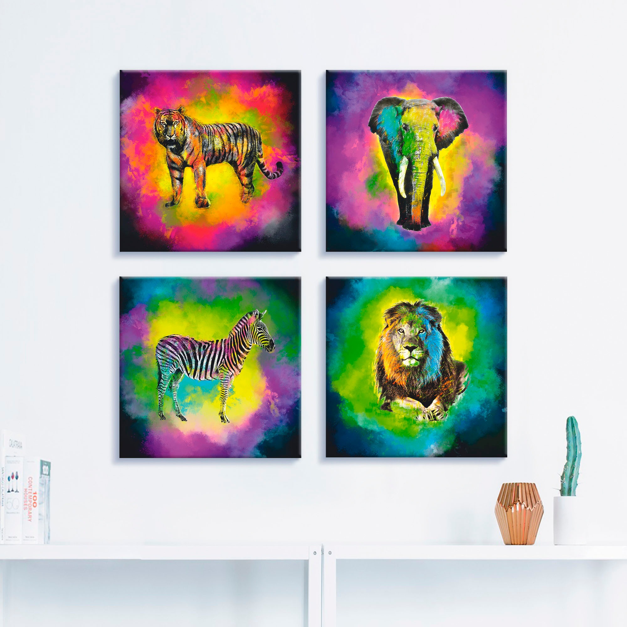 Artland Leinwandbild "Farbexplosion Elefant Löwe Zebra Tiger" Wildtiere 4 Stk. tlg. 4er Set, verschiedene Größen