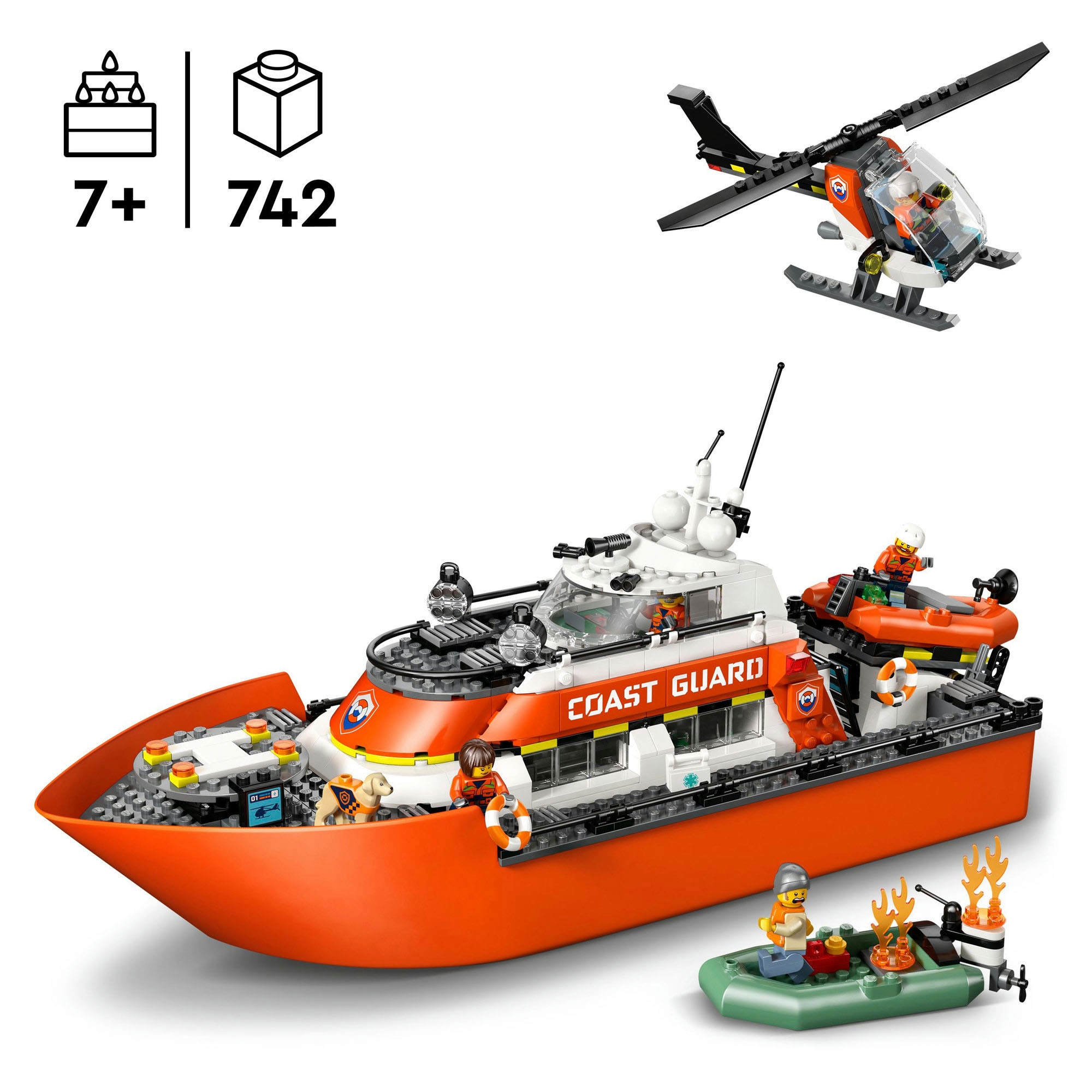 LEGO® Konstruktionsspielsteine »Rettungsboot der Küstenwache mit Hubschrauber (60504), LEGO City« Made in Europe