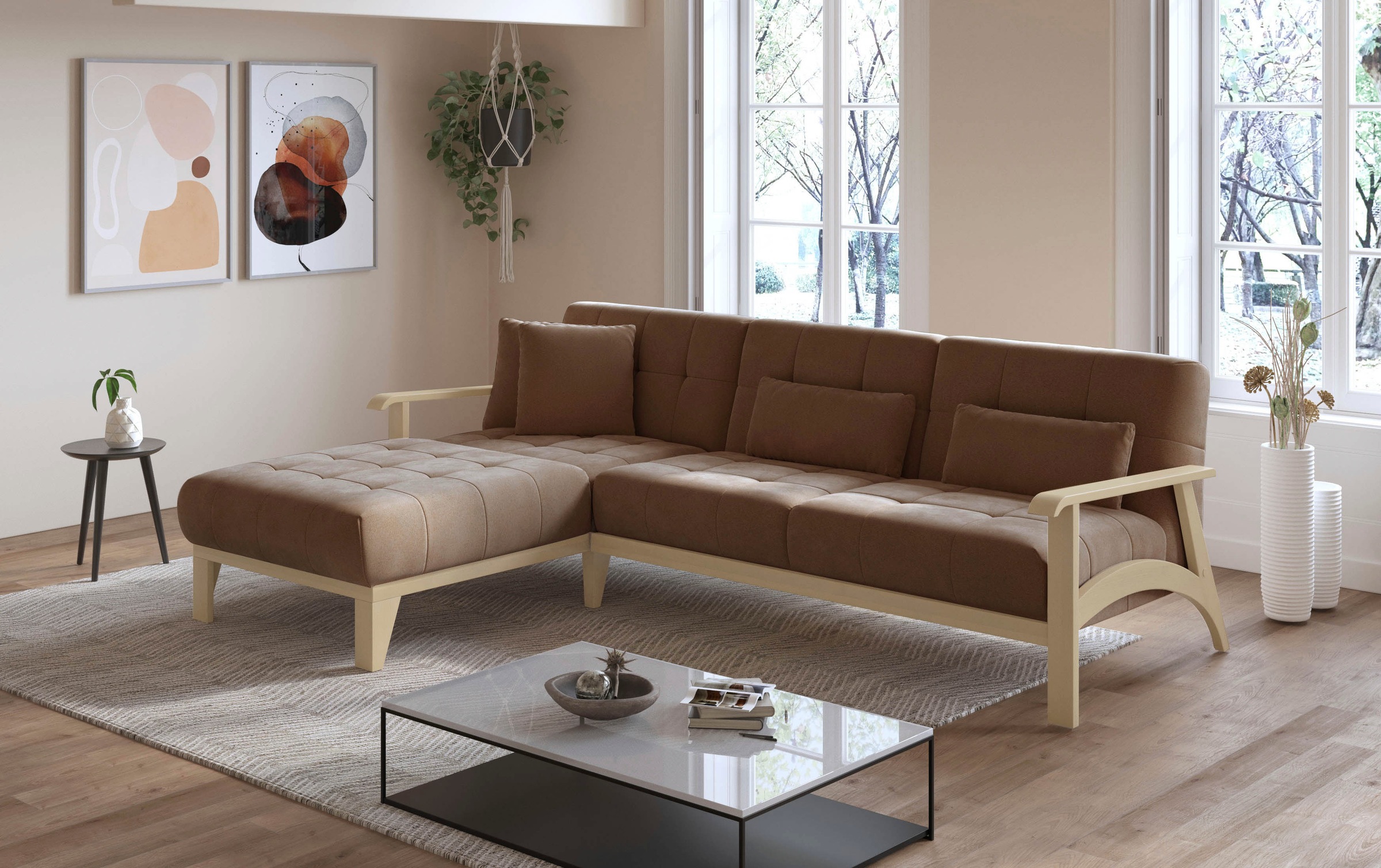 sit&more Ecksofa »Billund L-Form«, Armlehnen aus Buchenholz in natur, verschiedene Bezüge und Farben