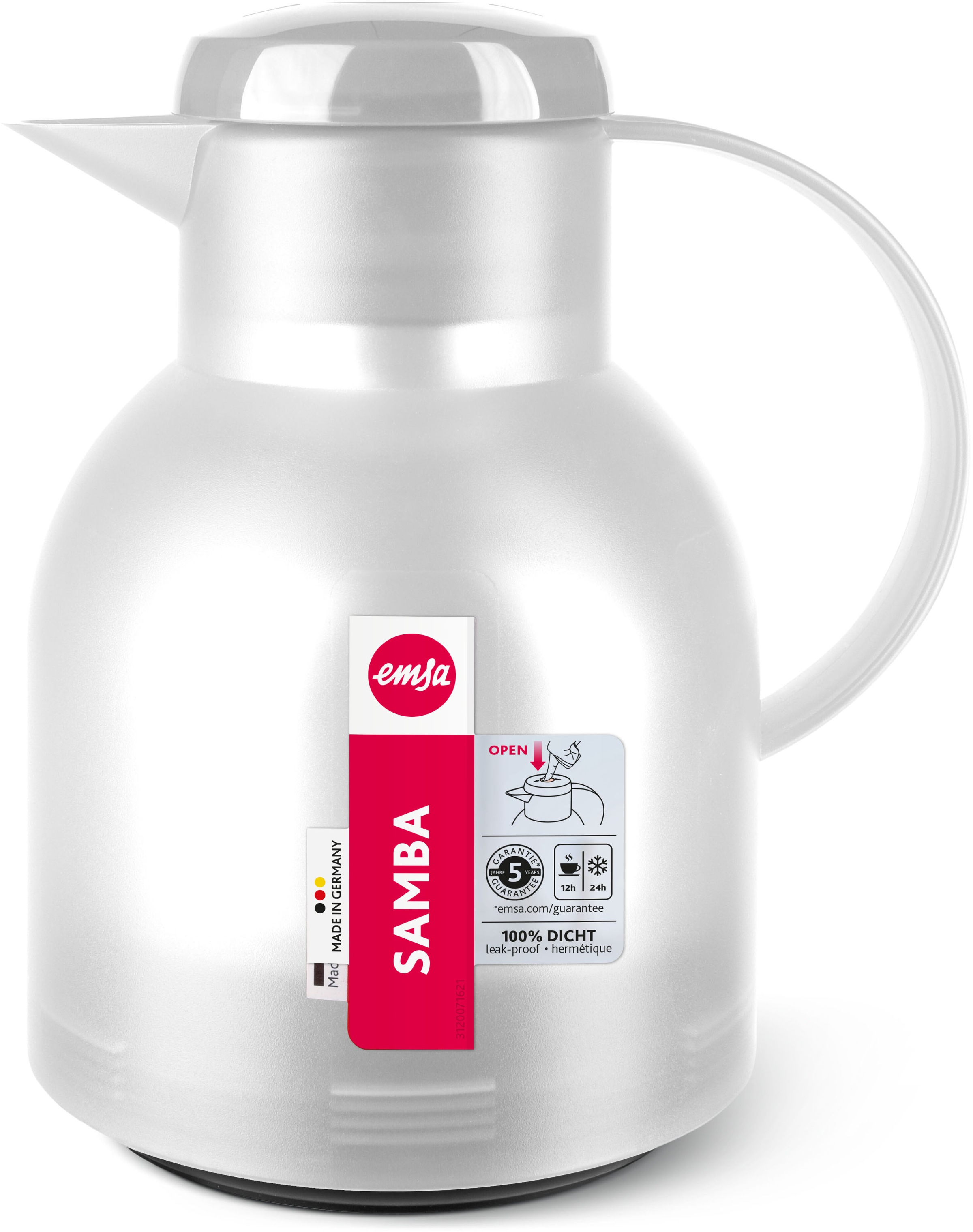 Emsa Isolierkanne »Samba«, 1 l, zeitloses Design, einfacher Knopfdruck, 24h kalt, 12h warm