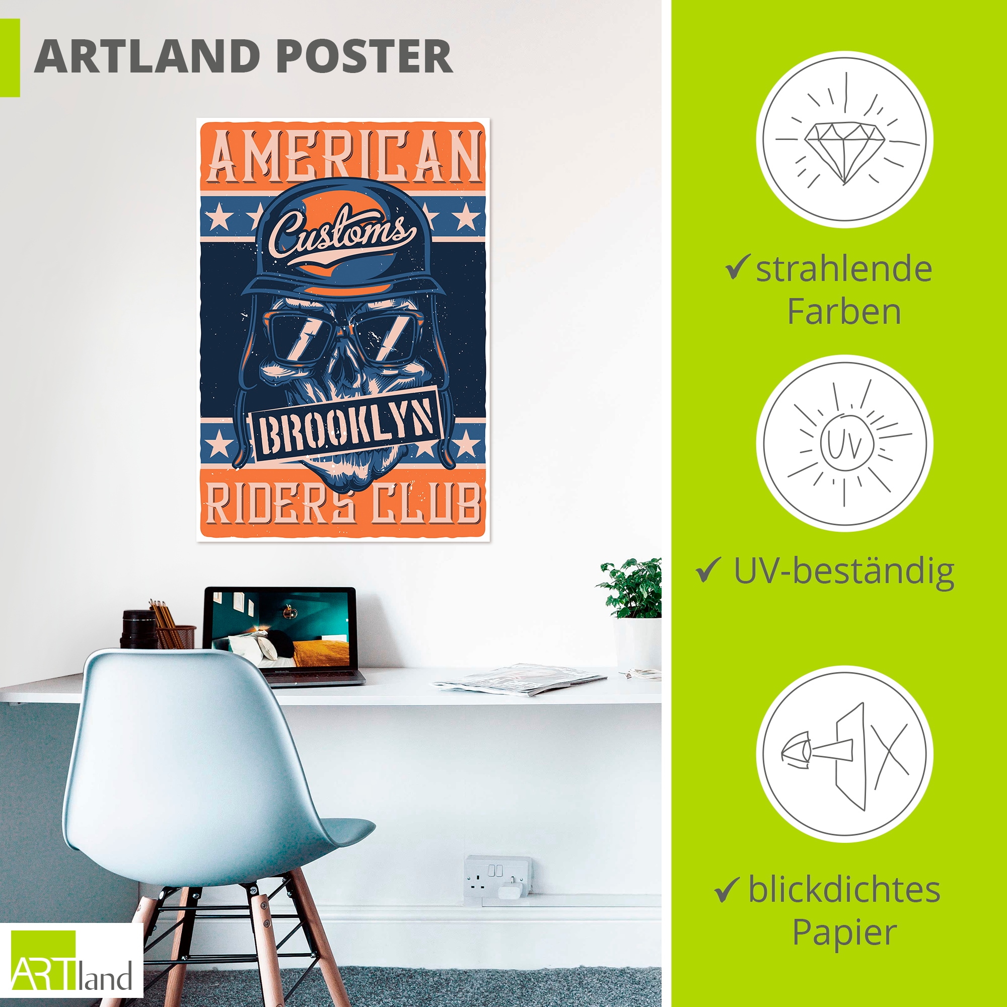 Artland Wandbild »Totenkopf Motorradfahrer« 1 Stk. tlg. als Alubild, Leinwandbild, Poster, Wandaufkleber in verschied. Größen
