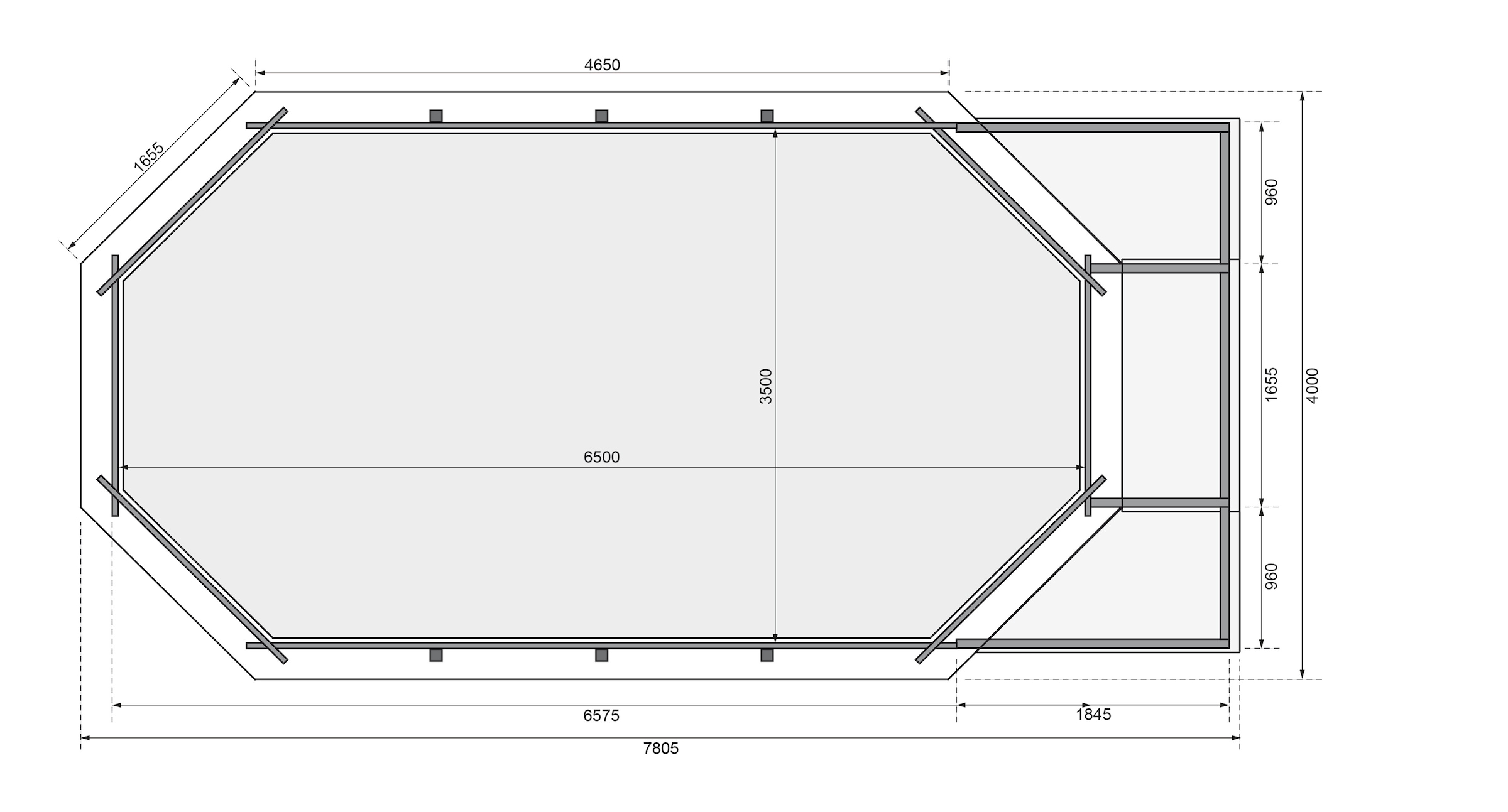 Karibu Achteckpool »SEVILLA Set D BxLxH: 780x400x124 cm, mit Sonnendeck und 2 Ecken«, (Set, 10 tlg.), 38 mm starke kesseldruckimprägnierte Holzbohlen aus Fichtenholz