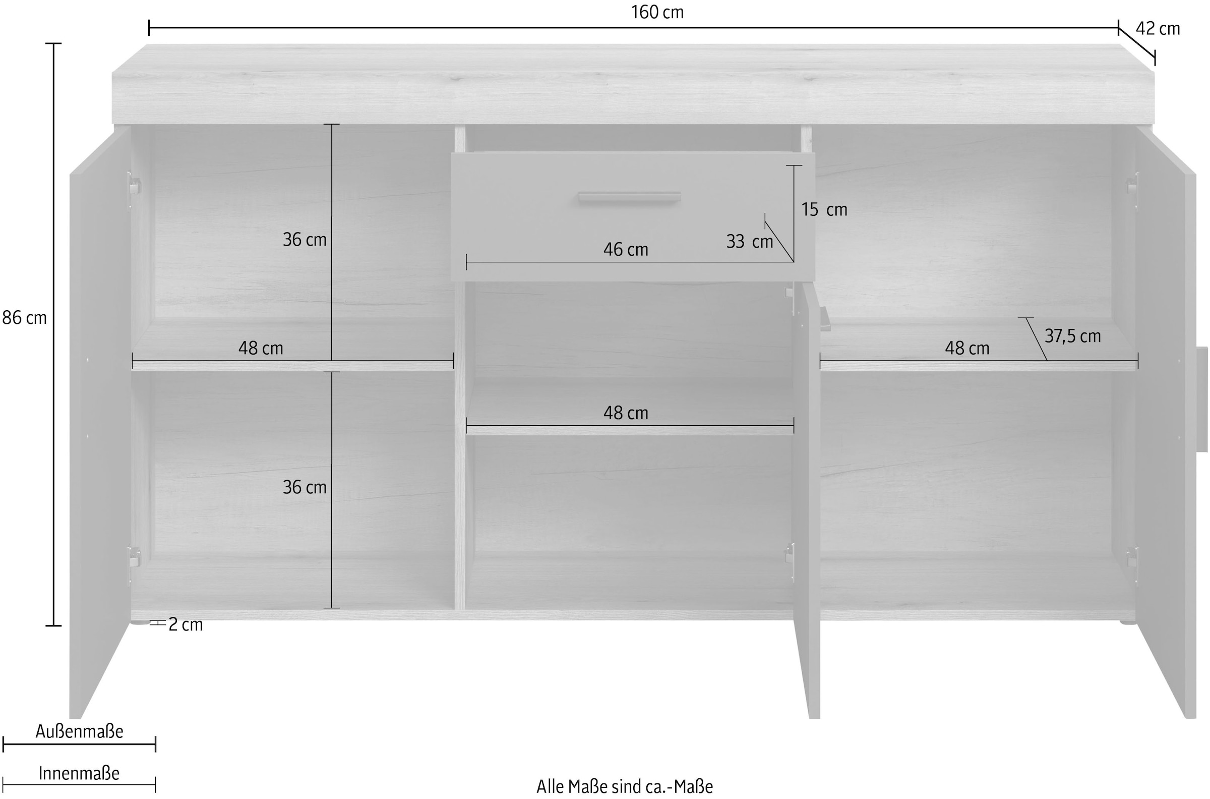 Home affaire Sideboard »Tyler«, (Packung, 1 St.), Mit Hirnholzapplikationen - Aufgebaut (B/T/H): 160/42/86 cm