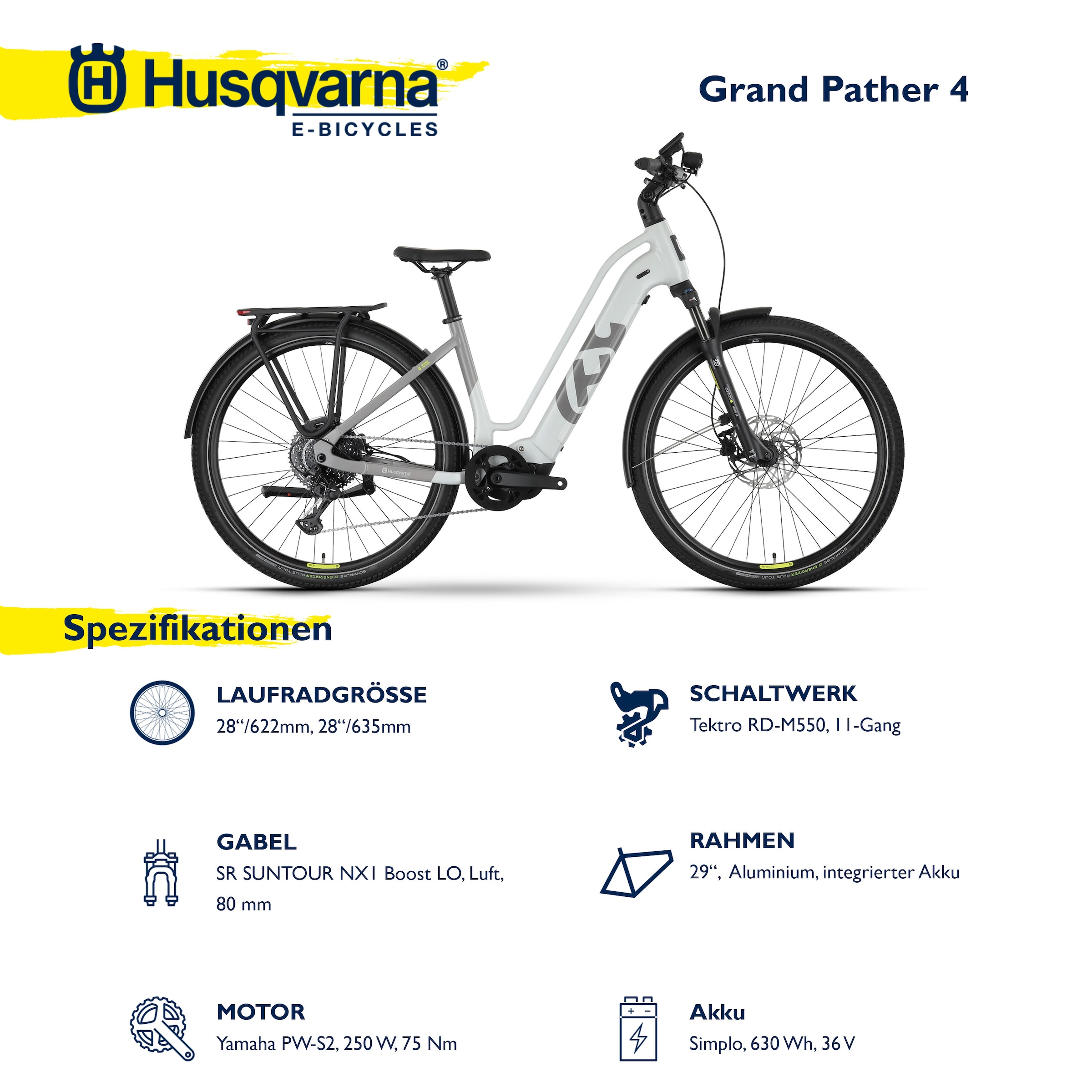 Husqvarna E-BICYCLES E-Bike »E-Trekkingbike Grand Pather 4«, 11 Gang, Tektro, RD-M550, Mittelmotor 250 W, (tiefer Einstieg, 28", Yamaha Motor, Scheibenbremsen, Straßenzulassung), Pedelec, Elektrofahrrad für Herren