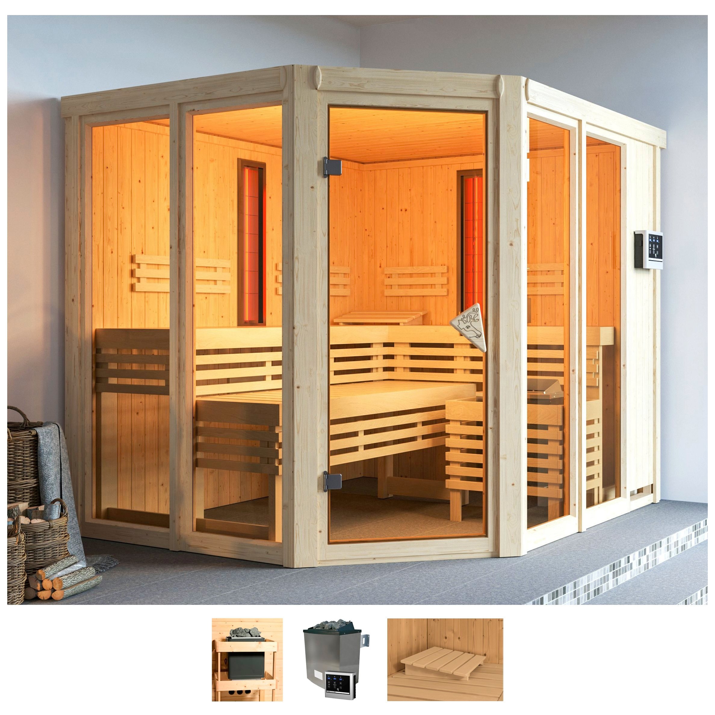 Karibu Sauna "Avril", 9-kW-Ofen mit externer Steuerung