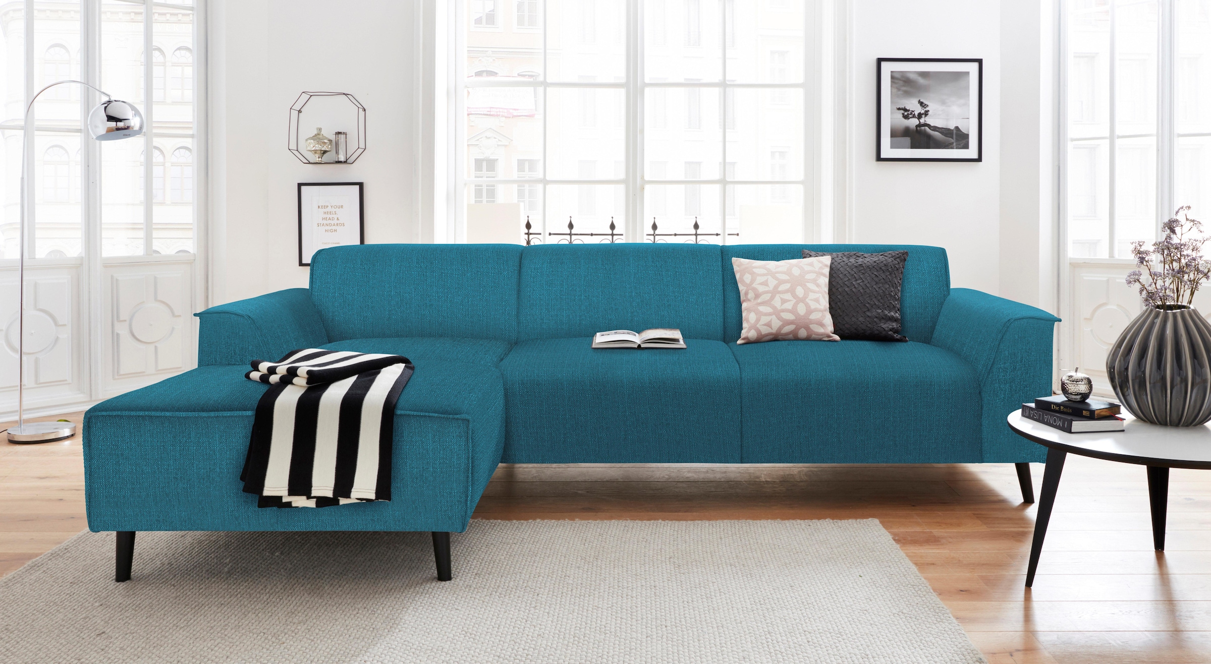 DOMO collection Ecksofa "Amora, inkl. Federkern, hoher Sitzkomfort, Breite 268 L-Form" Komfortsitzhöhe 47 cm, Fußhöhe passend für gängige Saugroboter