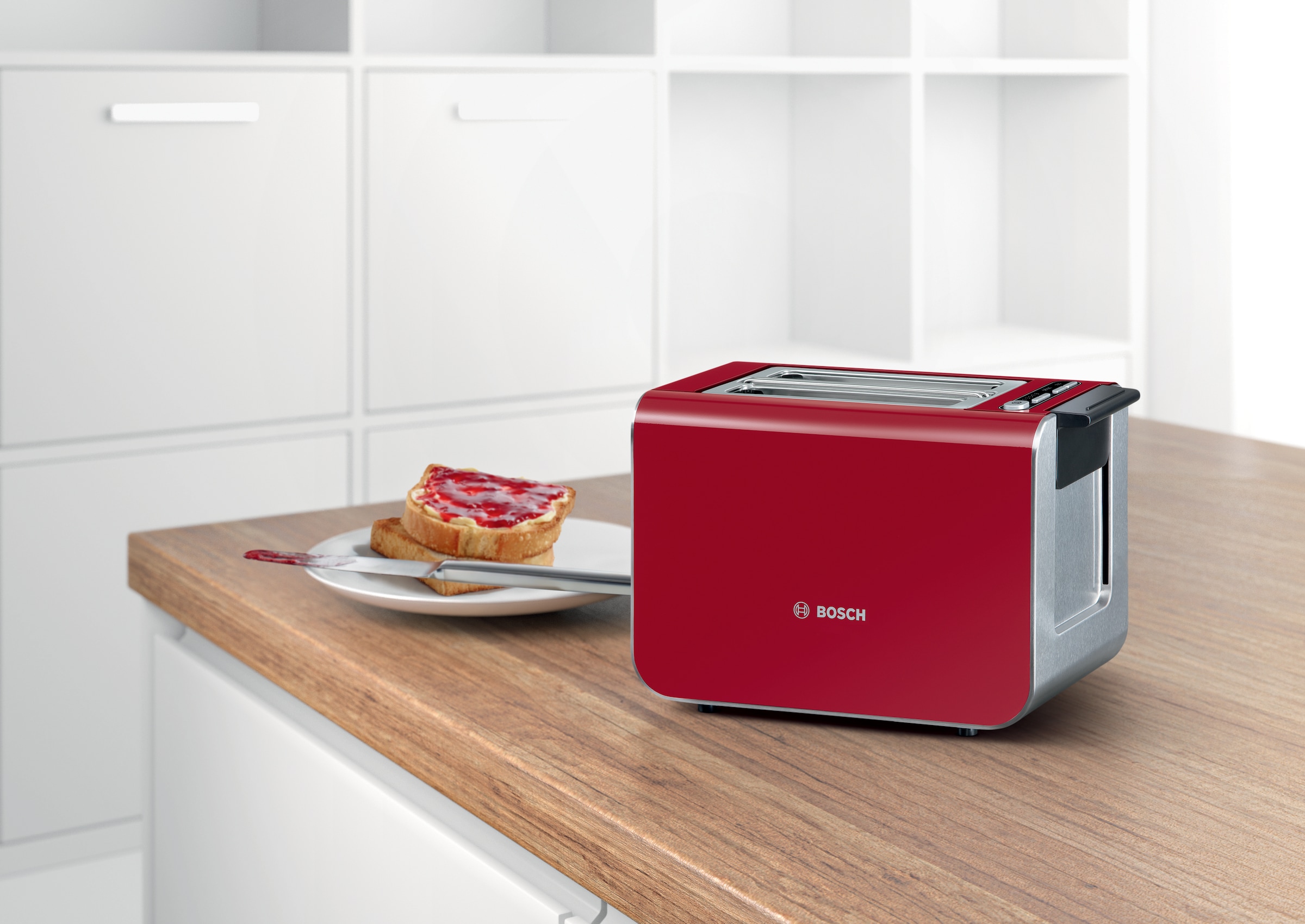 BOSCH Toaster »Styline TAT8614N, integrierter Brötchenaufsatz, Liftfunktion,«, 860 W, Auftaufunktion, Abschaltautomatik, Brotzentrierung, Edelstahl/rot