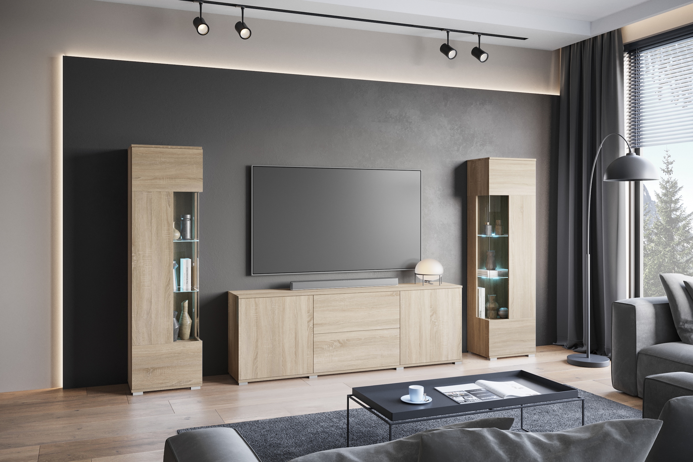 INOSIGN Wohnwand »KENIA«, (Komplett-Set, 3 St.), Vitrinen mit Eckverglasung, hängend und stehend montierbar