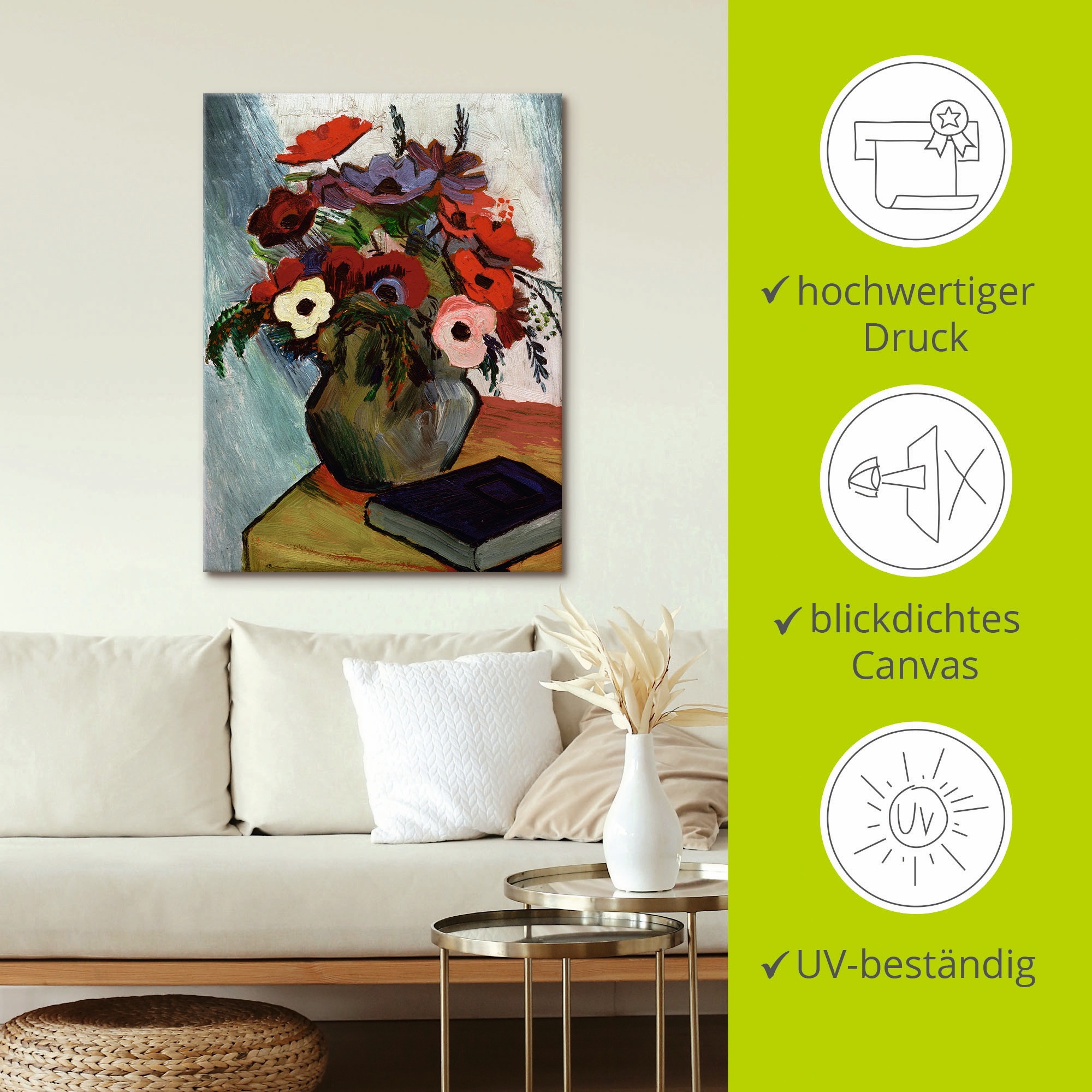 Artland Wandbild »Stilleben mit Anemonen und blauem Buch«, Arrangements, (1 St.), als Leinwandbild, Poster in verschied. Größen