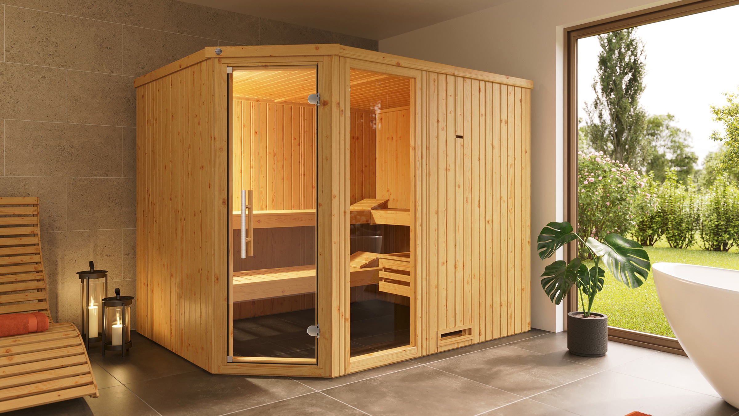 weka Sauna »Element-Ecksauna VARBERG 4«, vorgefertigte Elemente, Fensterelement, moderne Ganzglastür