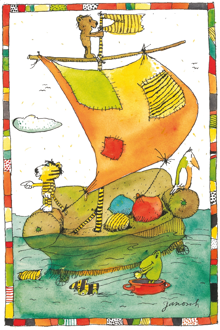 LuckyLinde Wanddekoobjekt "Der kleine Bär und der kleine Tiger auf dem Segelboot" Exklusive JANOSCH Kindermotive, Stahlschild