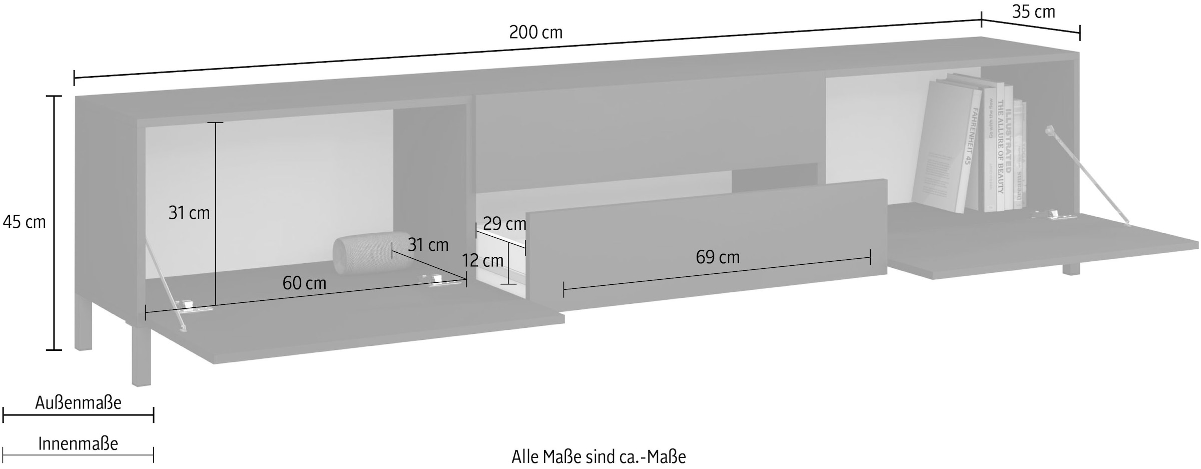 borchardt Möbel Lowboard »Sophia, Breite 200 cm, 2 Klappen, 2 Schubkästen, stehend«, Variante hängend unter "mehr aus der Serie" zu finden