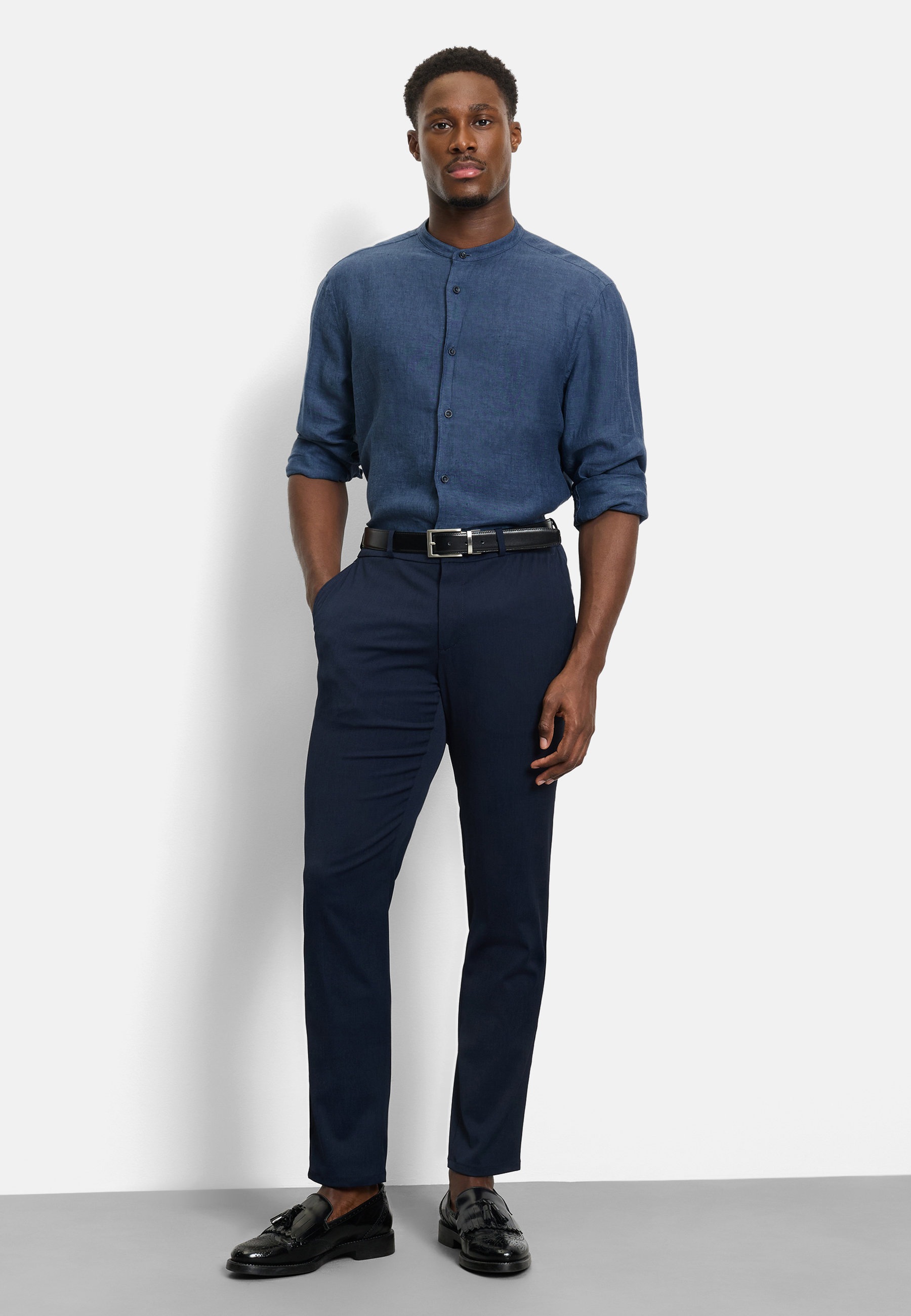 Langarmhemd OLYMP "OLYMP Casual, regular fit, Stehkragen", Herren, Gr. M, Normaler Arm, royal, 100% Leinen, Hemden 2