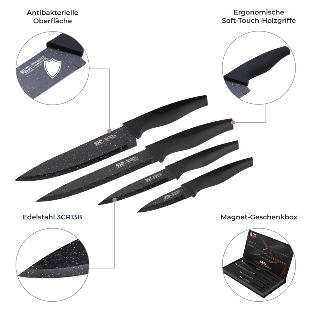 RESTO Kitchenware Messer-Set »Leo, Edelstahlmesser 4-teilig in Magnet-Geschenkbox«, (Set, 4 tlg.), Kochmesser, Tranchiermesser, Universalmesser, Gemüsemesser