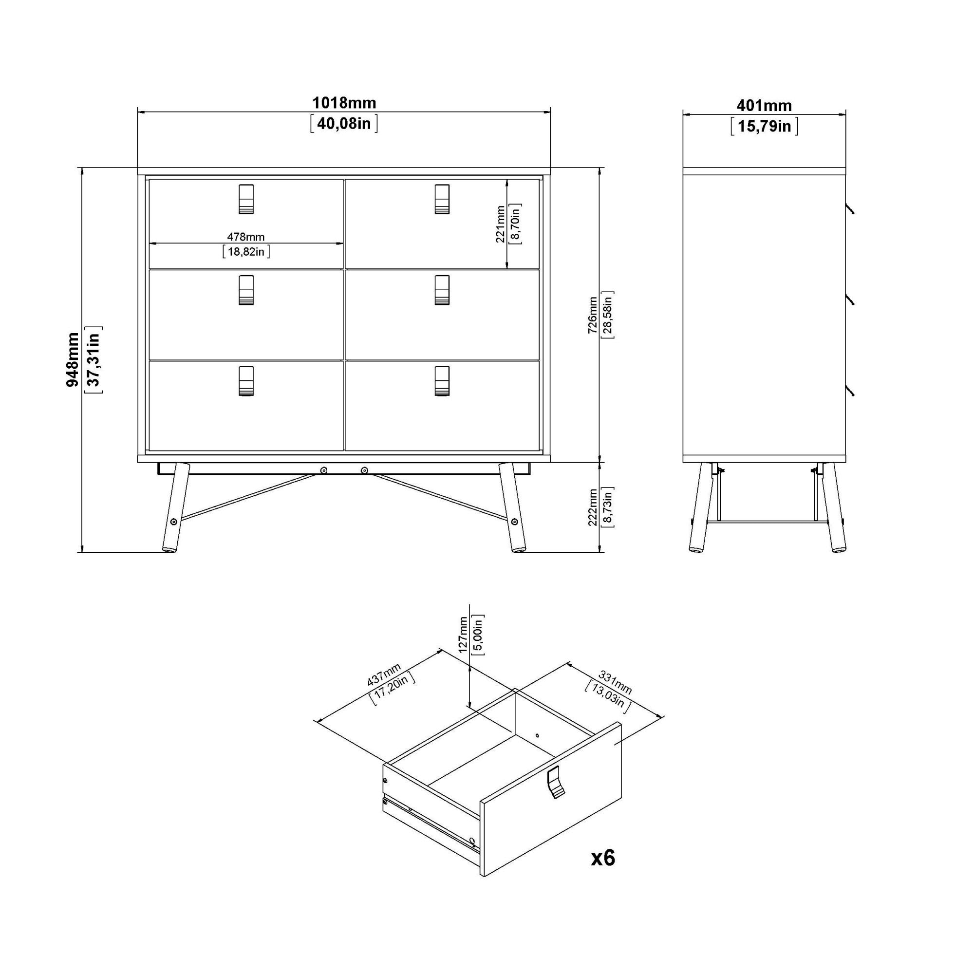 andas Kommode »Ry Aufbewahrung, Schubladenschrank, Stauraum«, Sideboard mit 6 Schubladen, Breite 102 cm, Höhe 95 cm, Massivholzbeine