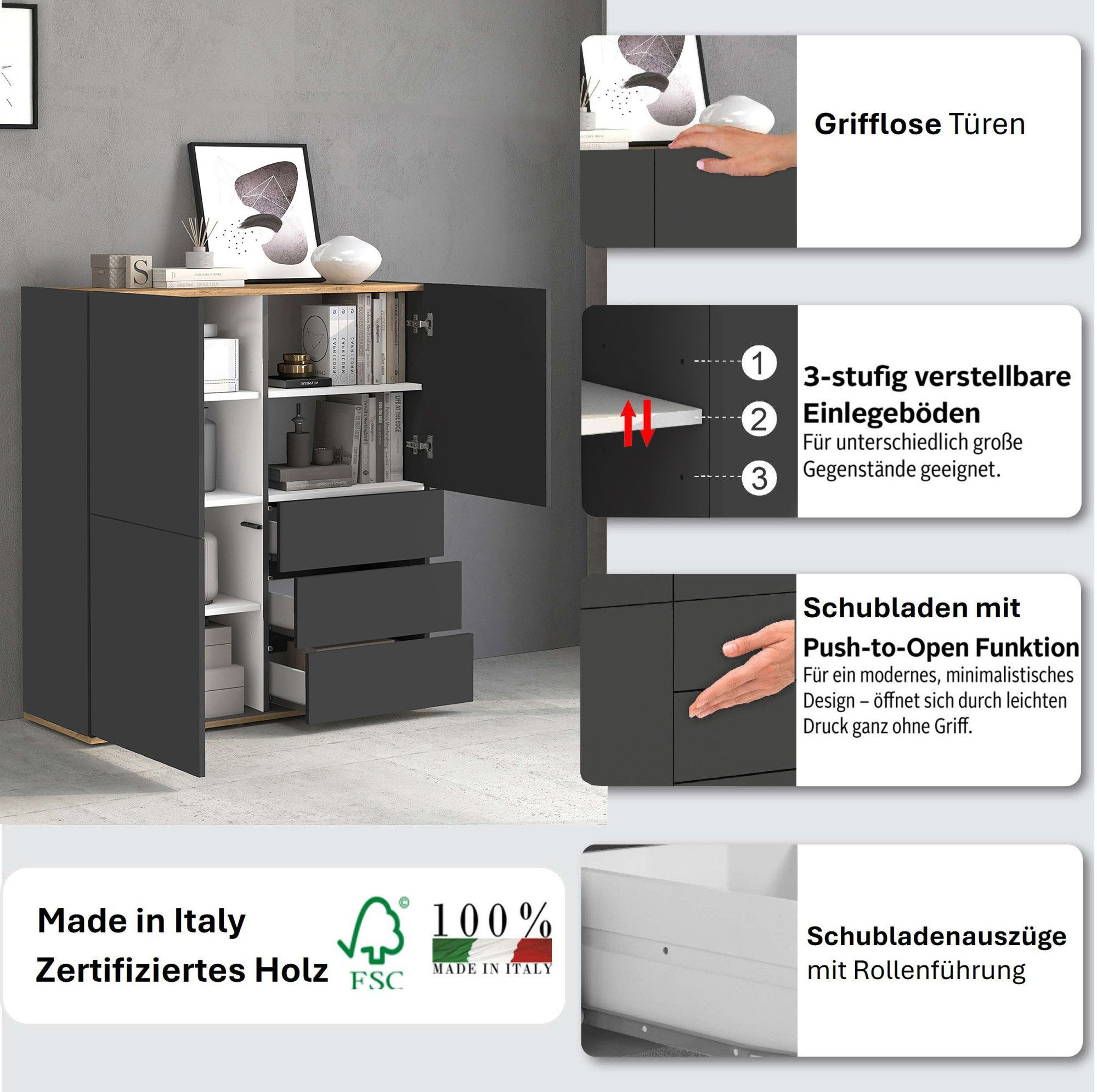 INOSIGN Highboard »GARDA Highboard, Kommode, Schrank, Grifflos mit Push to Open«, (1 St.), 3 Türen, 3 Schubladen, grifflos Breite 102 cm