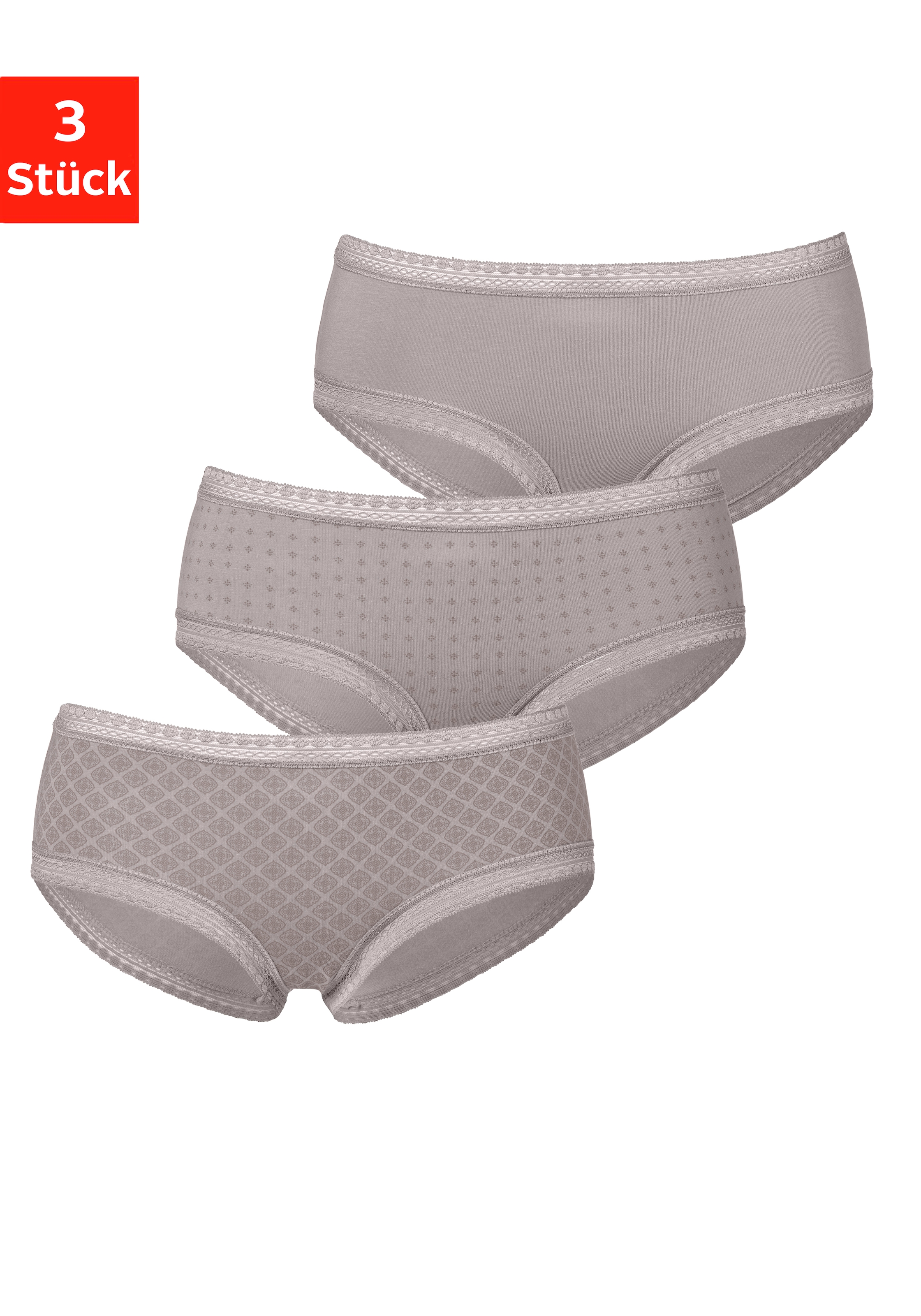 LASCANA Panty, (Packung, elastischer mit Spitze 3 Baumwolle aus bestellen weicher | St.), BAUR