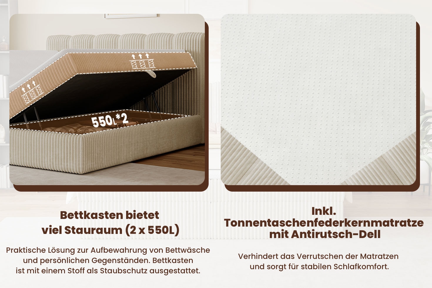 OTTO home Boxbett »SIVVA in der Breite 180cm, flauschiger Breitcord, Farbe: cream« inkl. Taschenfederkernmatratze (H3) & Topper (4cm)