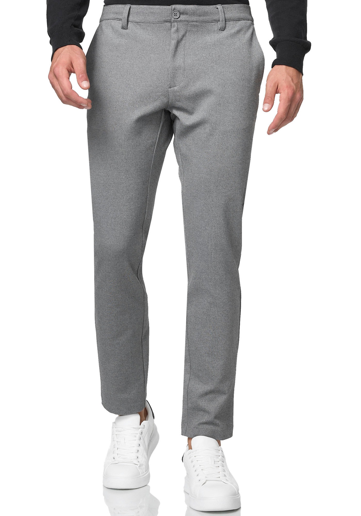Anzughose INDICODE "INRoedekro", Herren, Gr. 31, Länge 34, grau (grau melange), Web, Obermaterial: 65% Polyester, 35% Baumwolle, unifarben, slim fit knöchellang, Hosen Anzughose, gepflegter Look mit gerade geschnittener Beinform