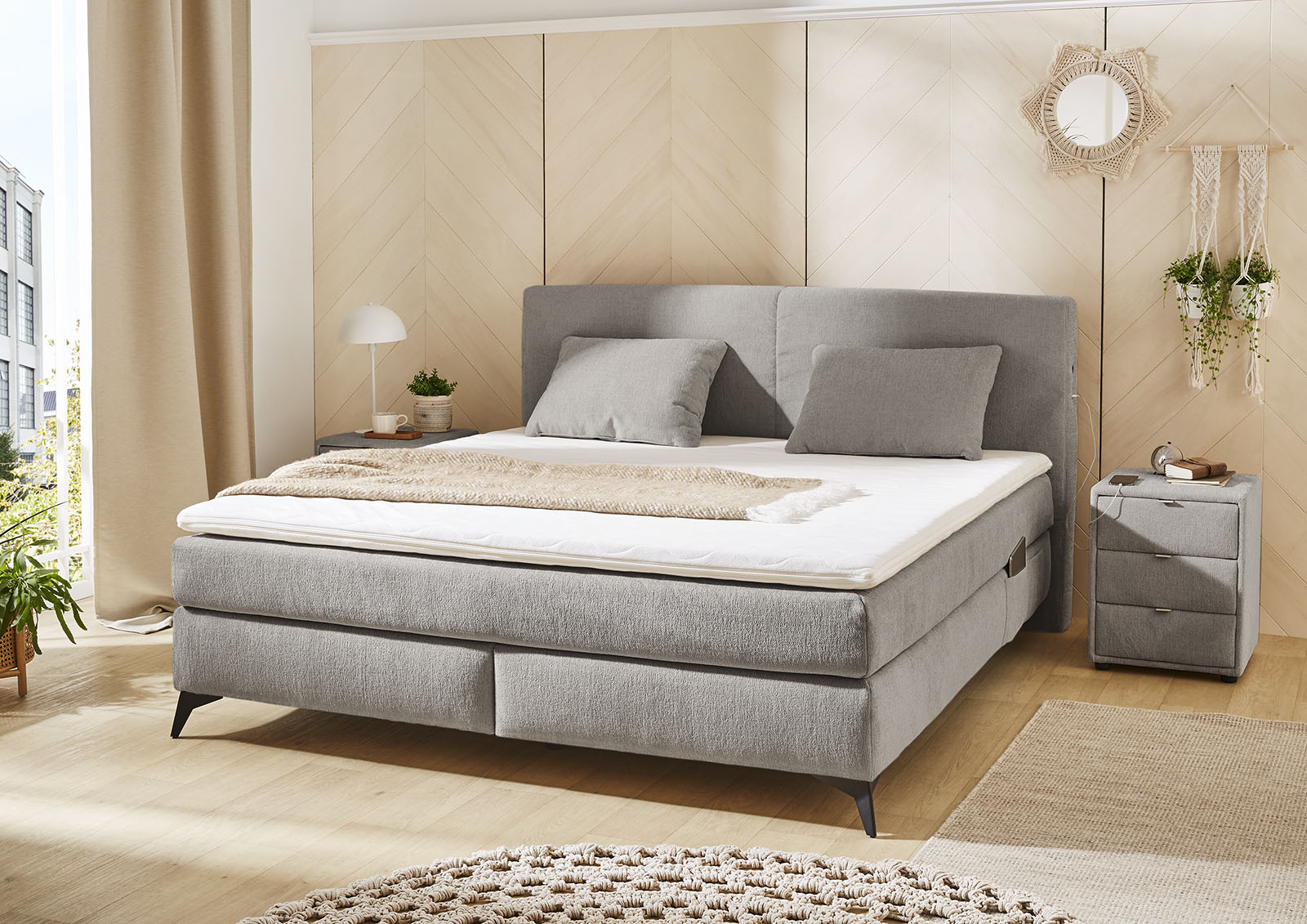 Jockenhöfer Gruppe Boxspringbett "KIRA, mit Taschenfederkernmatratze H3-H4 und Kaltschaum-Topper" inkl. LED-Beleuchtung & USB-Ladeports, Chenille Stoff, 160/180x200cm