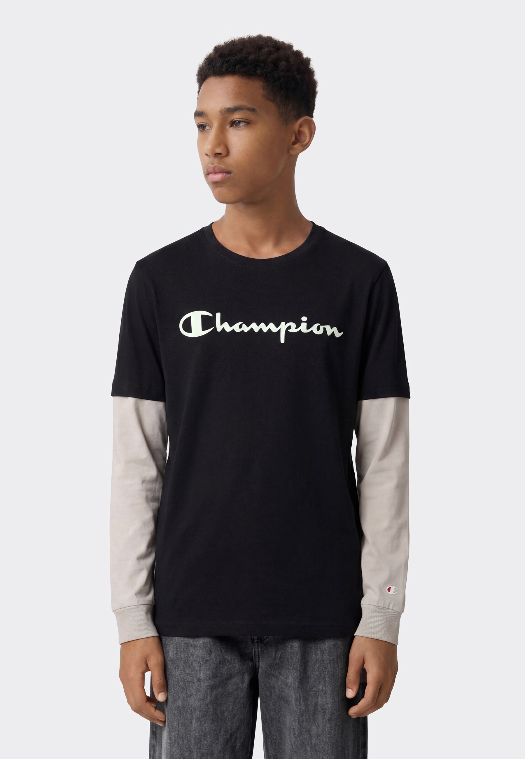 Champion Langarmshirt "SPORTWEAR LONG SLEEVE Standard Fit" für Kinder, mit Rundhalsausschnitt, aus Baumwolle, normale Länge