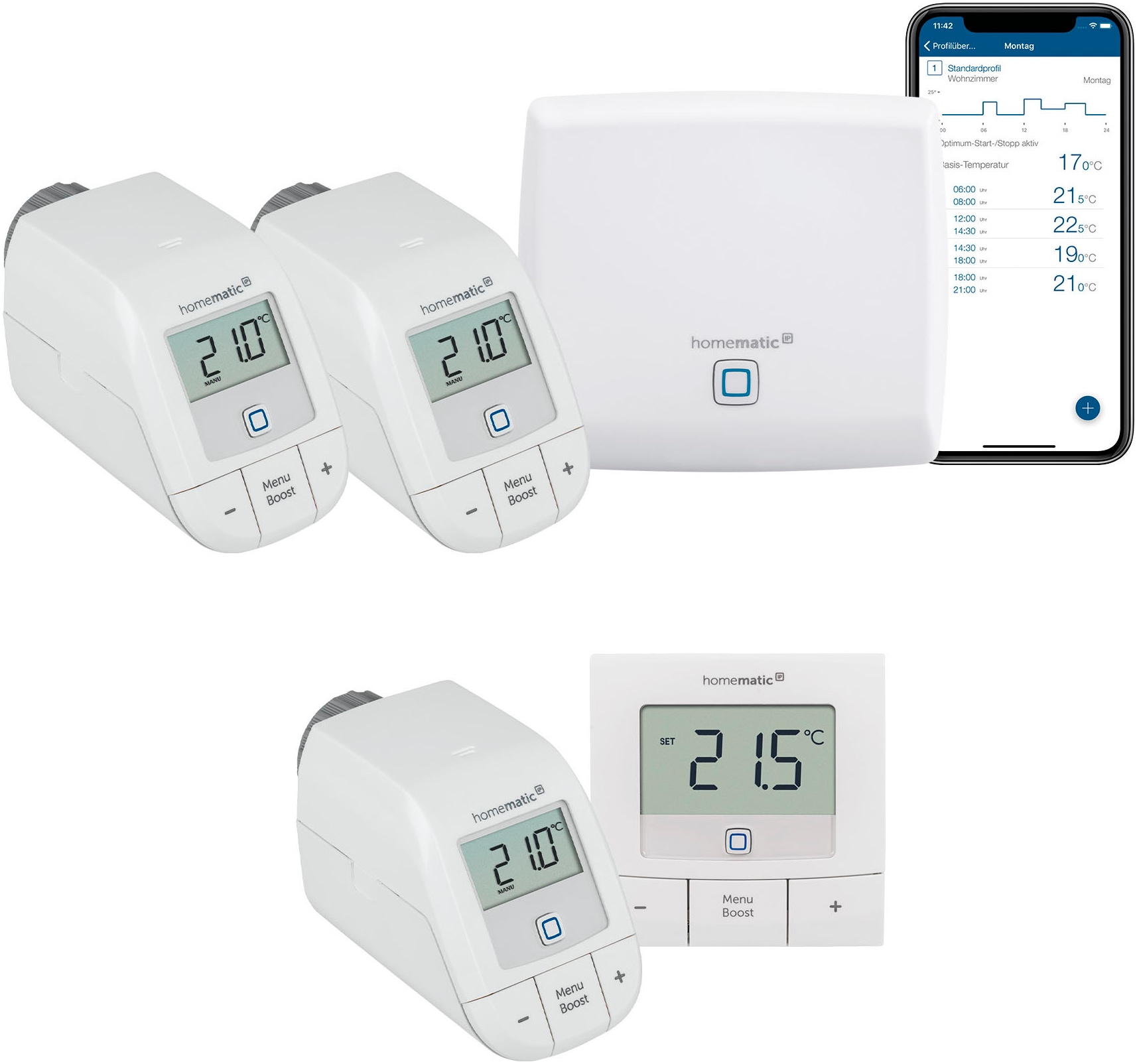 HOMEMATIC IP Heizkörperthermostat "Access Point + 3x Heizköthermostat basic + Wandthermostat", B:31cm H:12cm T:37cm, weiß, Heizkörperthermostate