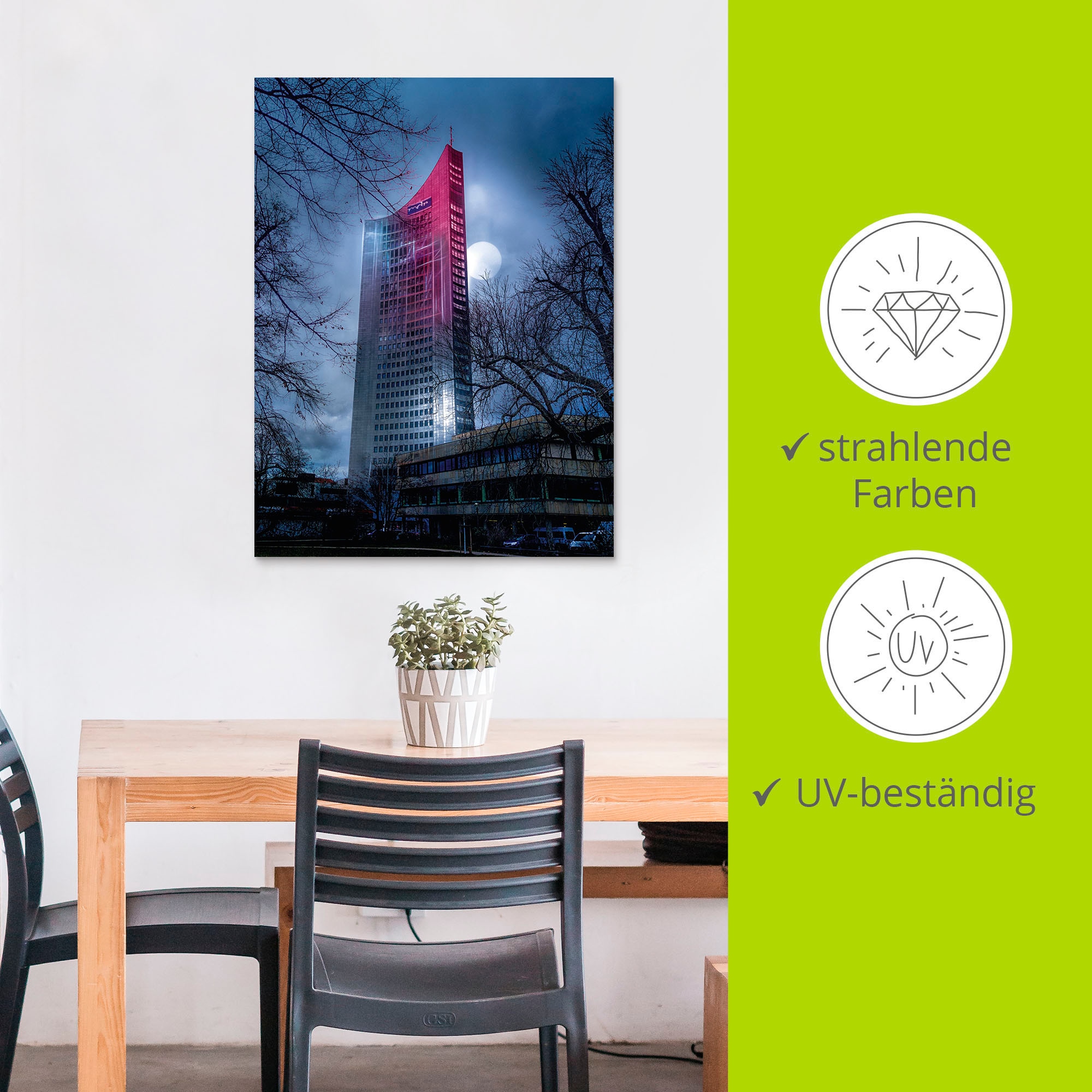 Artland Wandbild »FutureCity Hochhaus bei Vollmond Leipzig«, Gebäude, (1 St.), als Alubild, Leinwandbild, Wandaufkleber oder Poster in versch. Größen