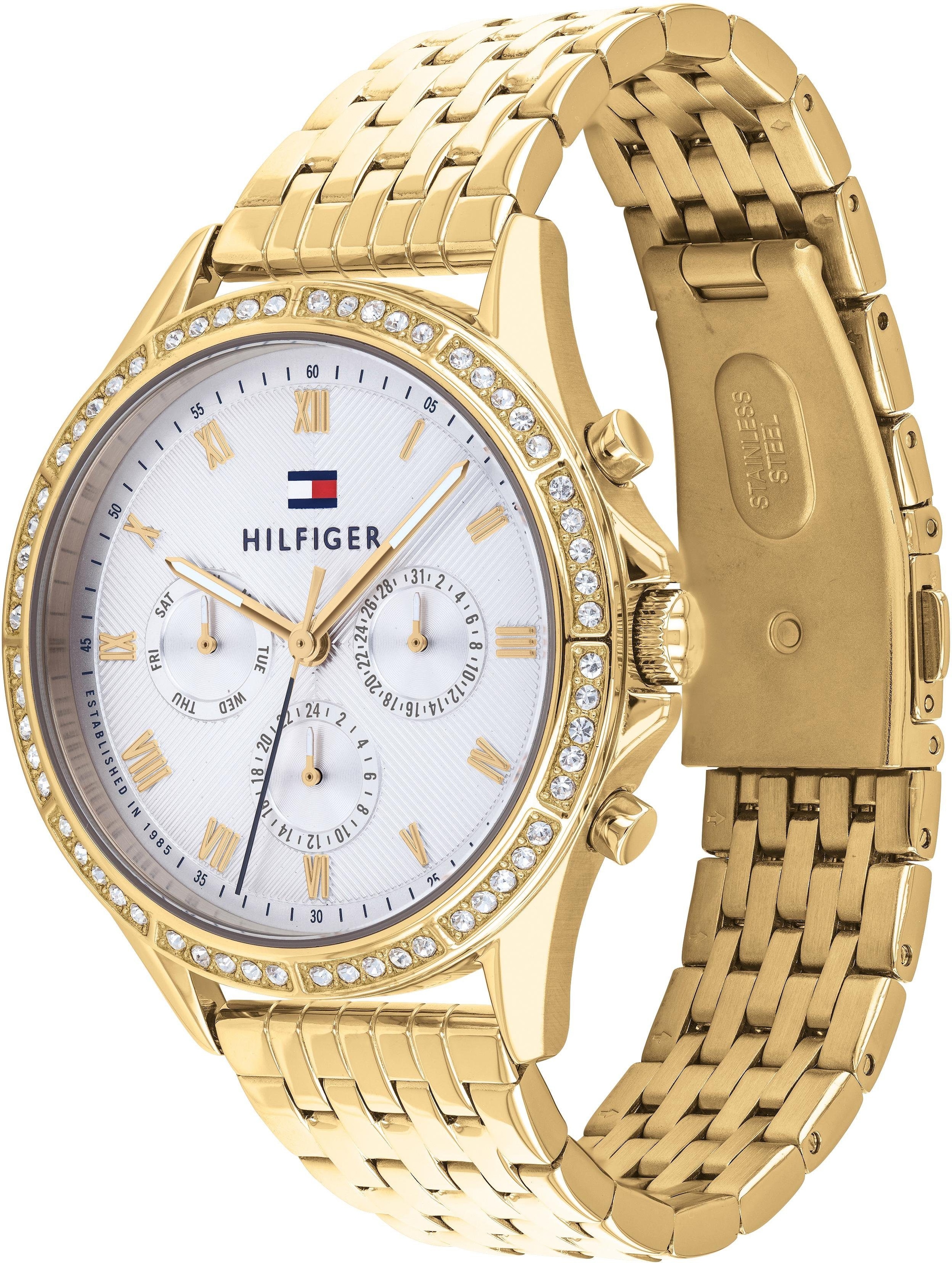 Tommy Hilfiger Multifunktionsuhr »ARI«, Quarzuhr, Armbanduhr, Damenuhr, Datum, Edelstahlarmband, Glassteine