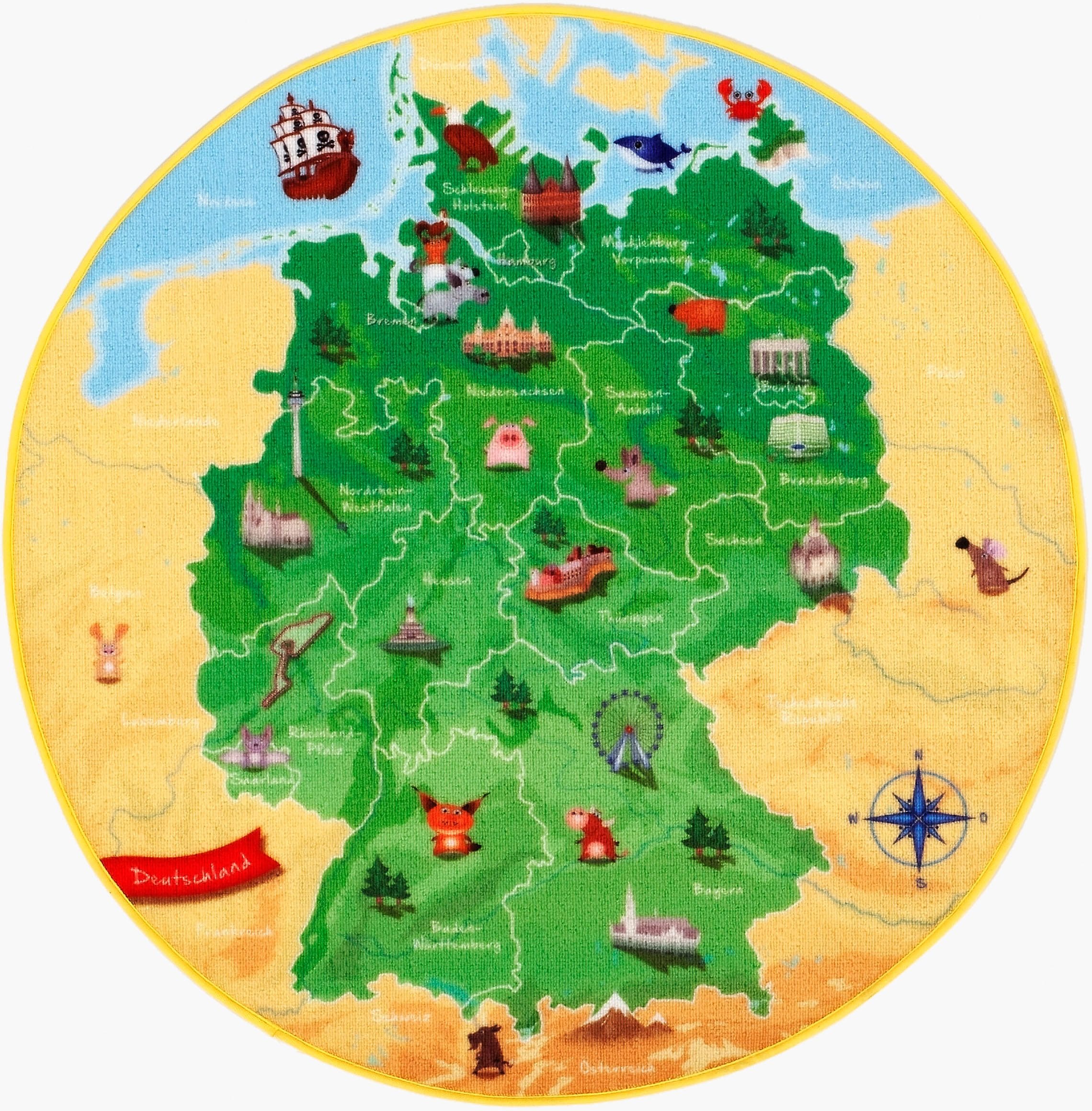 Böing Carpet Kinderteppich »DeutschlandKarte DE-1«, rund, 2 mm Höhe, Spielteppich, Motiv Deutschlandkarte, Kinderzimmer