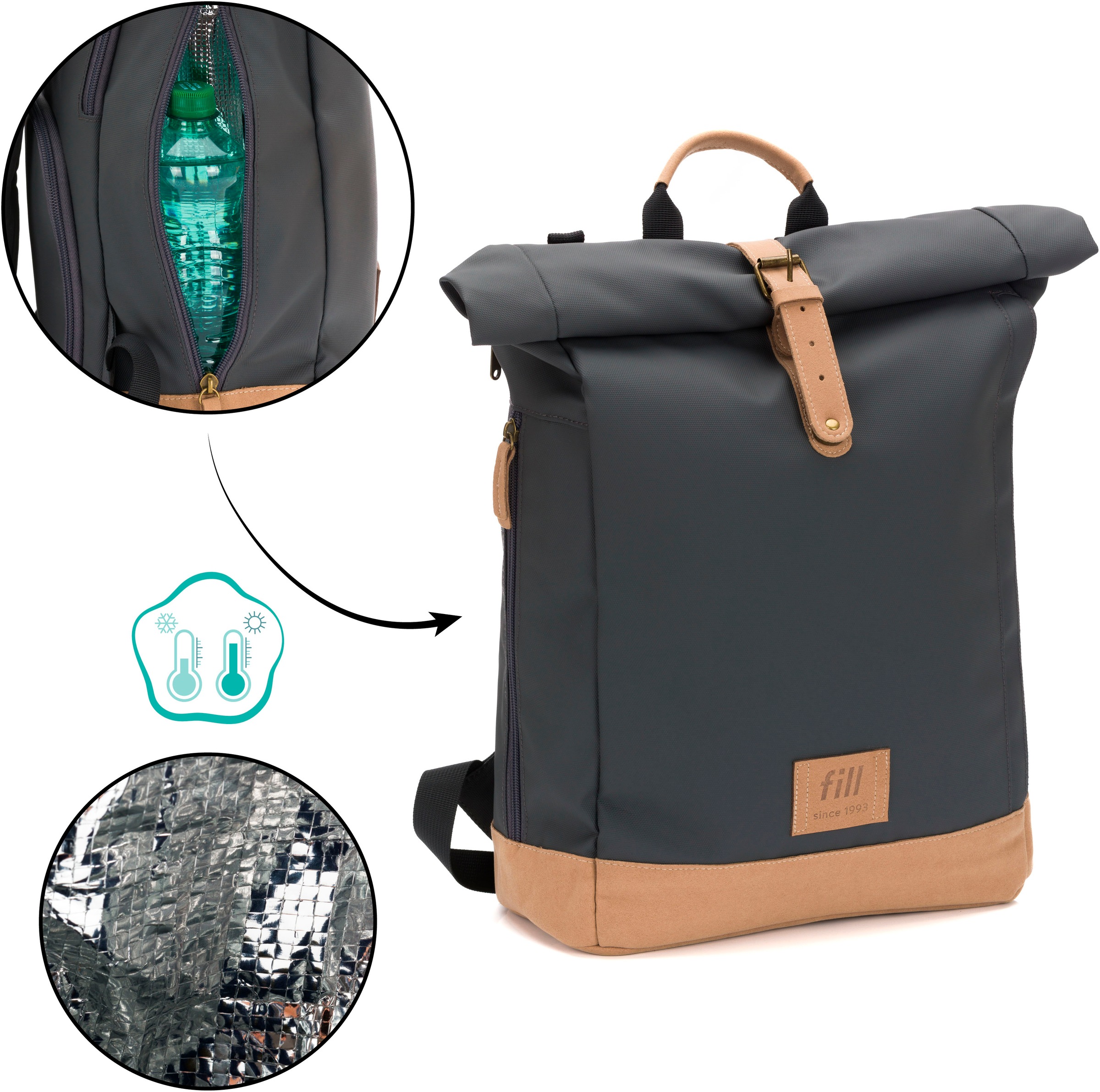 Fillikid Wickelrucksack »Rolltop Berlin stone grey«, Reflektoren, inkl. Wickeltunterlage