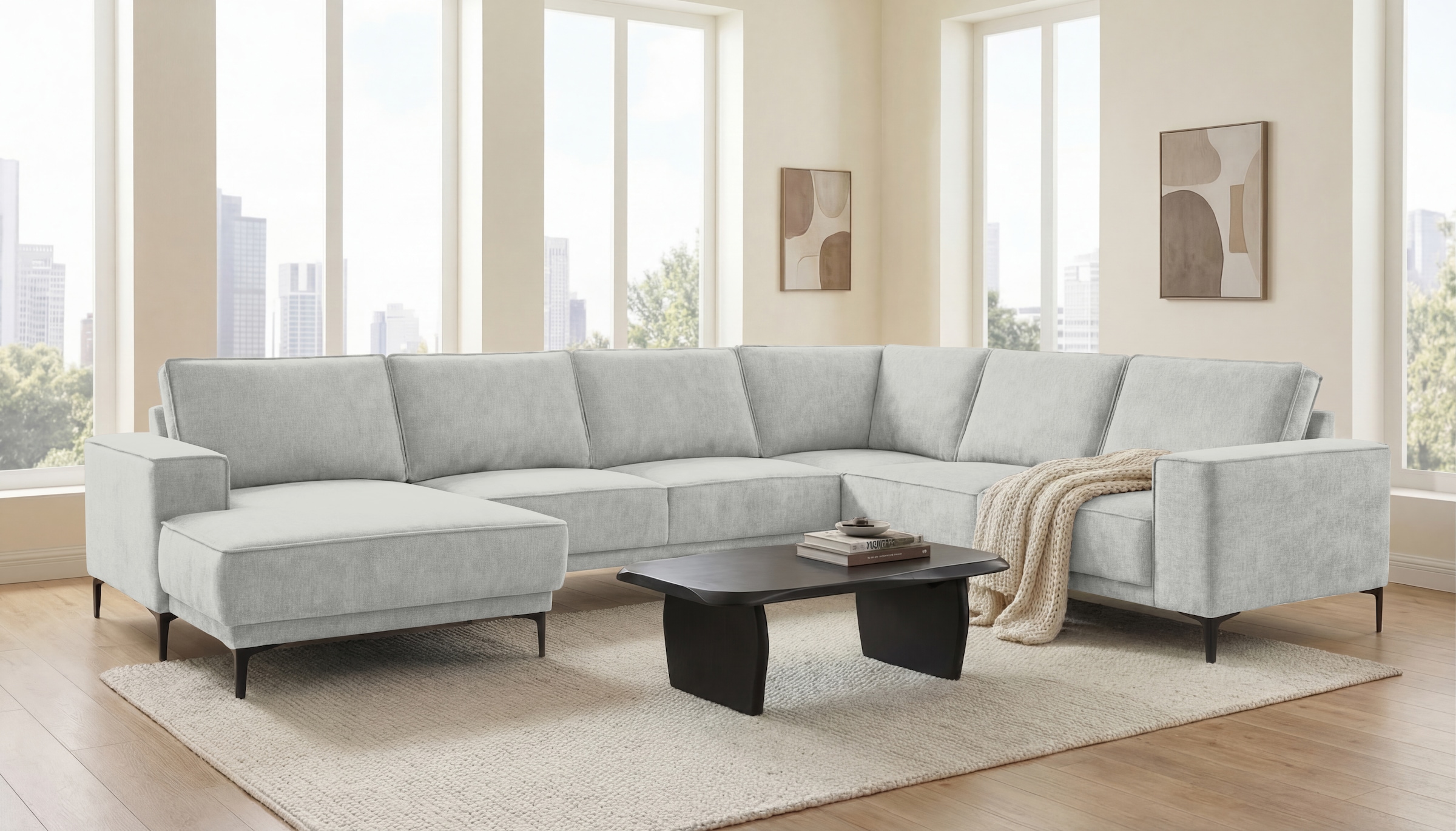 OTTO home Wohnlandschaft "OLAND Bouclé U-Form, XXL, B: 342 cm, Skandi-Design" Skandi-Design in Struktur, Flachgewebe, Luxus-Microfaser, Boucle
