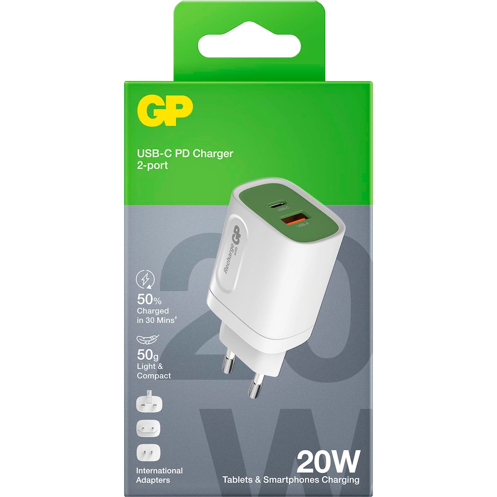 GP Batteries USB-Ladegerät »Steckerlader 20W PD 2 USB-Anschlüsse Typ A&C Inkl. int. Stecker«, ideal zum Laden von Smartphones, Tablets, Smartwaches, Kopfhörern uvm