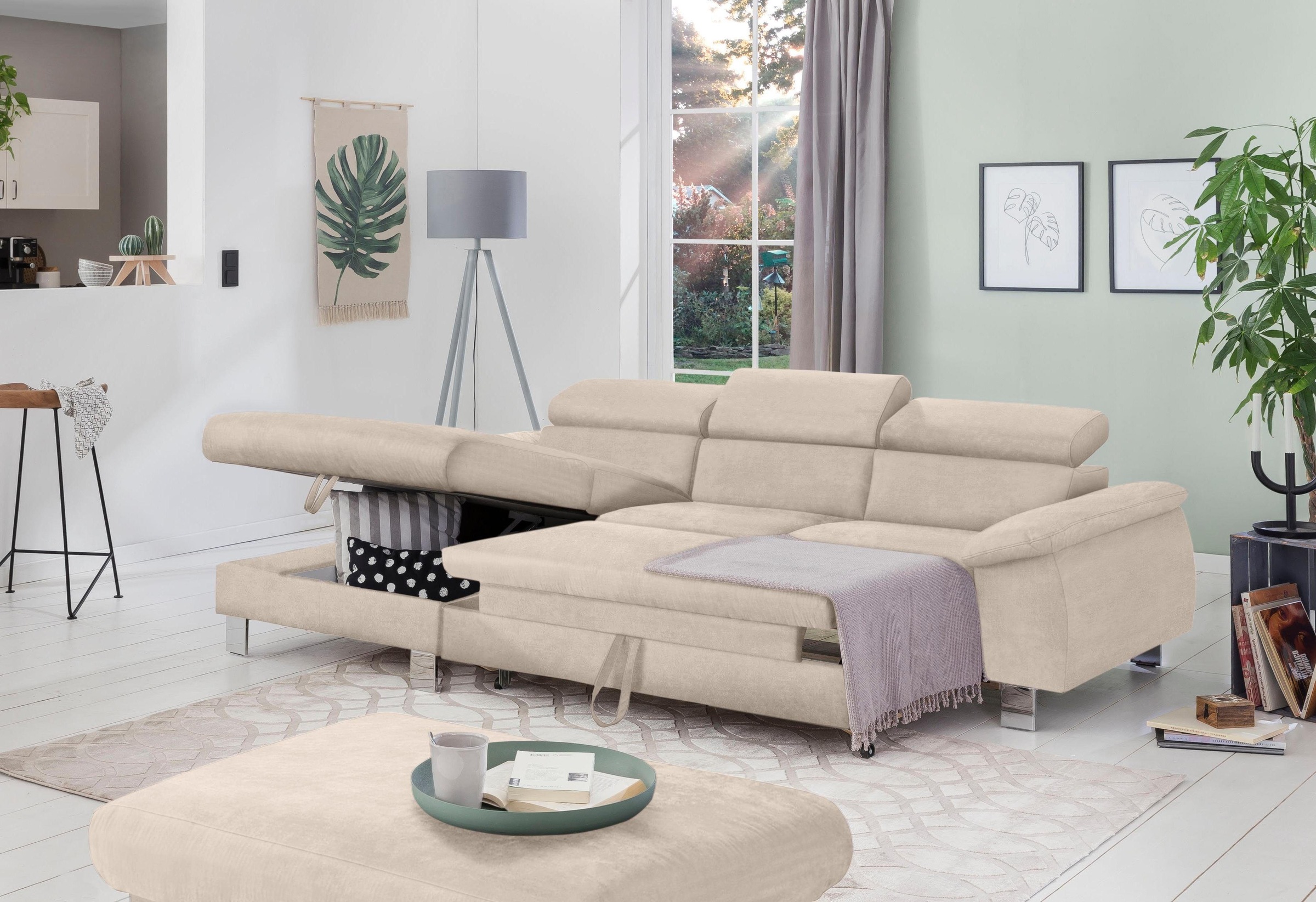 COTTA Polstergarnitur »Komaris L-Form, B: 242 bzw. 100 cm (Set: Ecksofa & Hocker)«, (Set), mit Kopfteilverstellung, optional Bettfunktion, Bettkasten & Licht