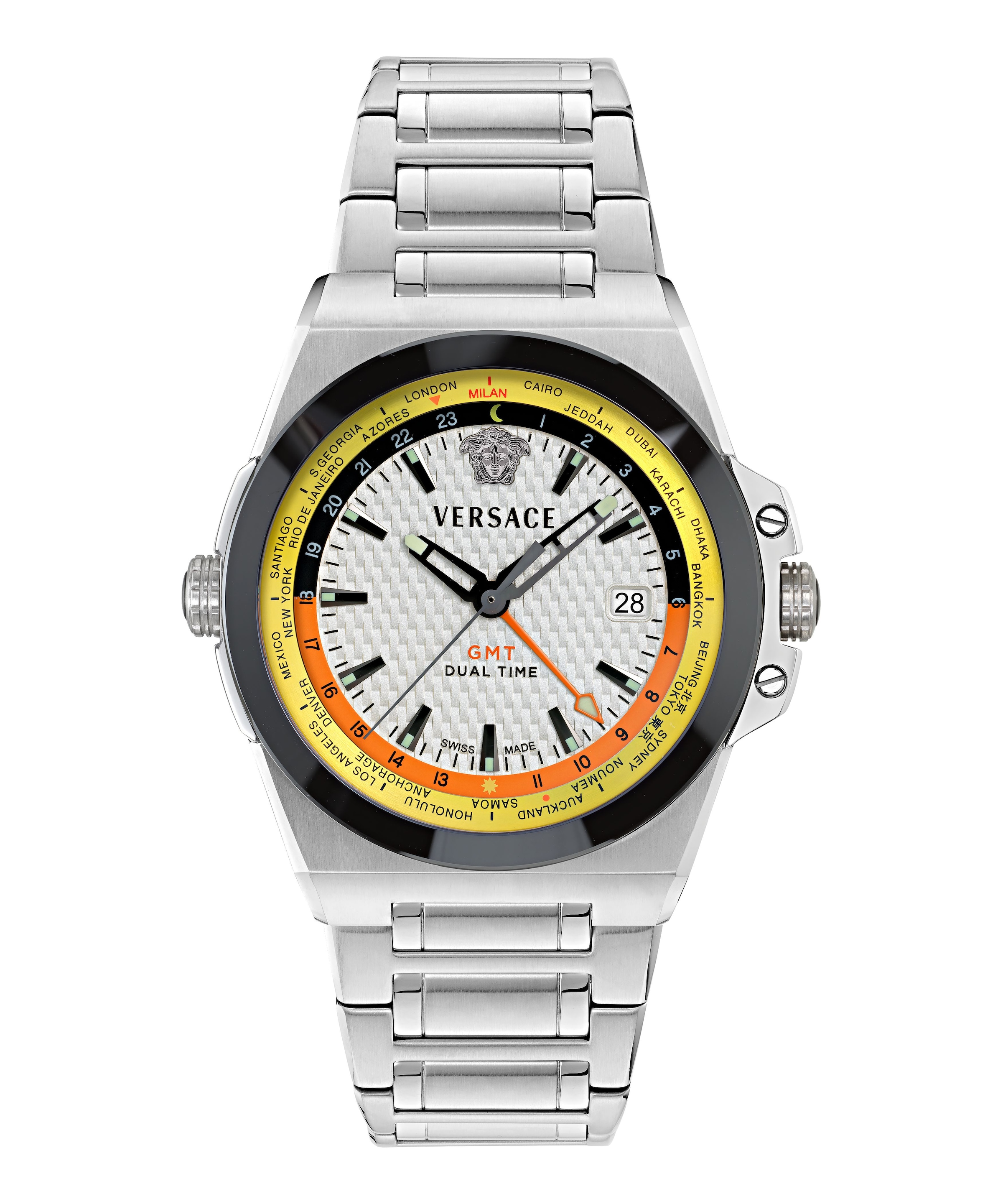 Versace Quarzuhr »GRECA REACTION GMT« Armbanduhr, Herrenuhr, Swiss Made, Edelstahlarmband, analog, Tag
