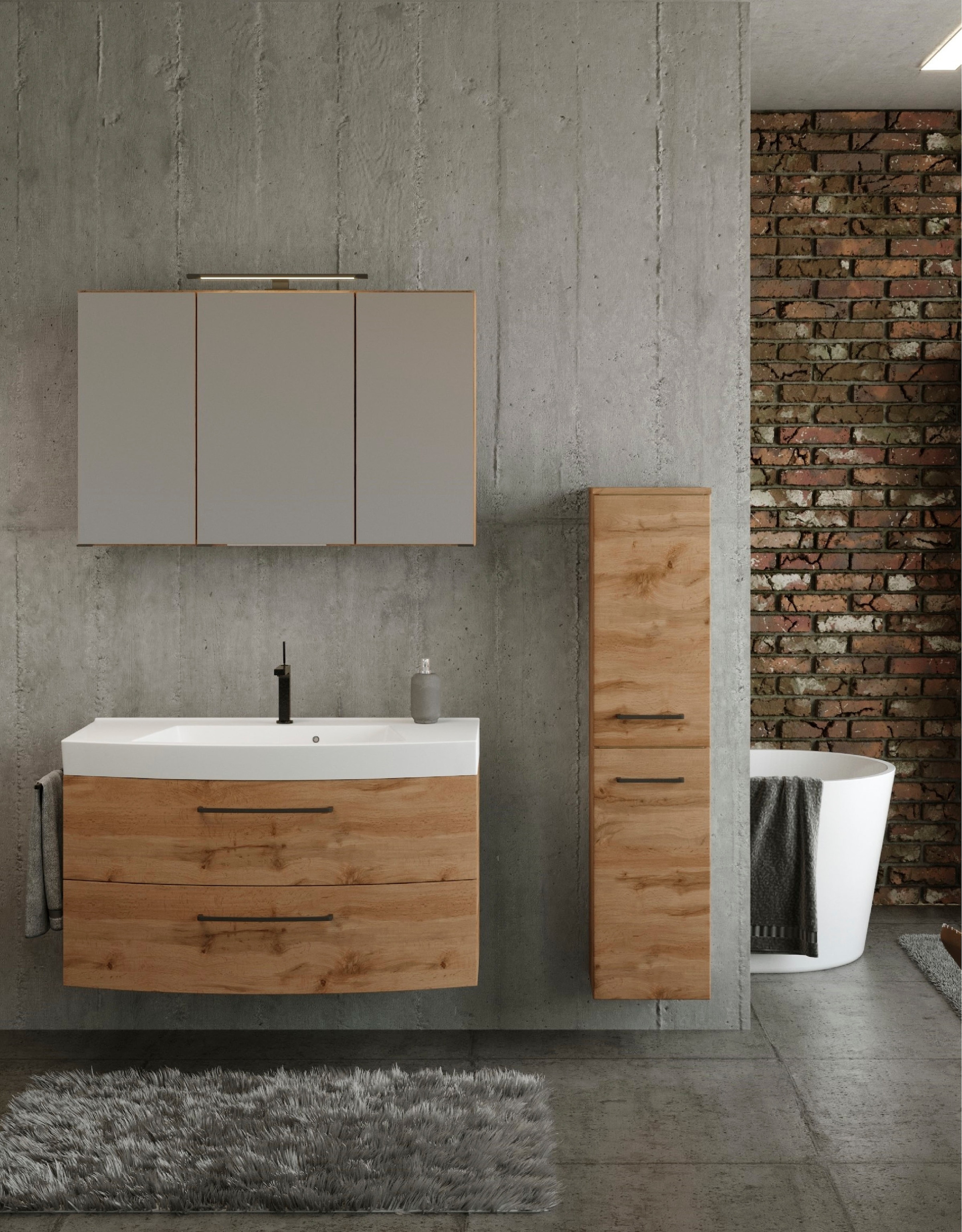 welltime Badmöbel-Set »Chicago«, (3 St., Spiegelschrank, Waschtisch, Midischrank), mit Mineralgussbecken
