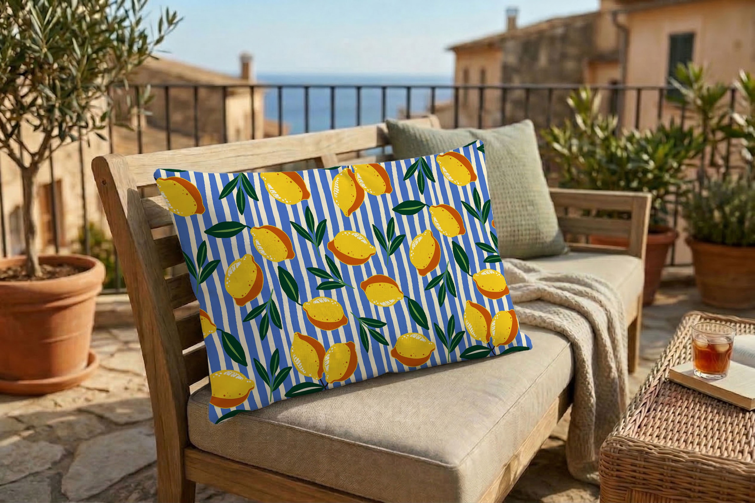 queence Dekokissen »Zitronen Blau gestreift« Premium Outdoor Kissenbezug; Format: 60x40 cm