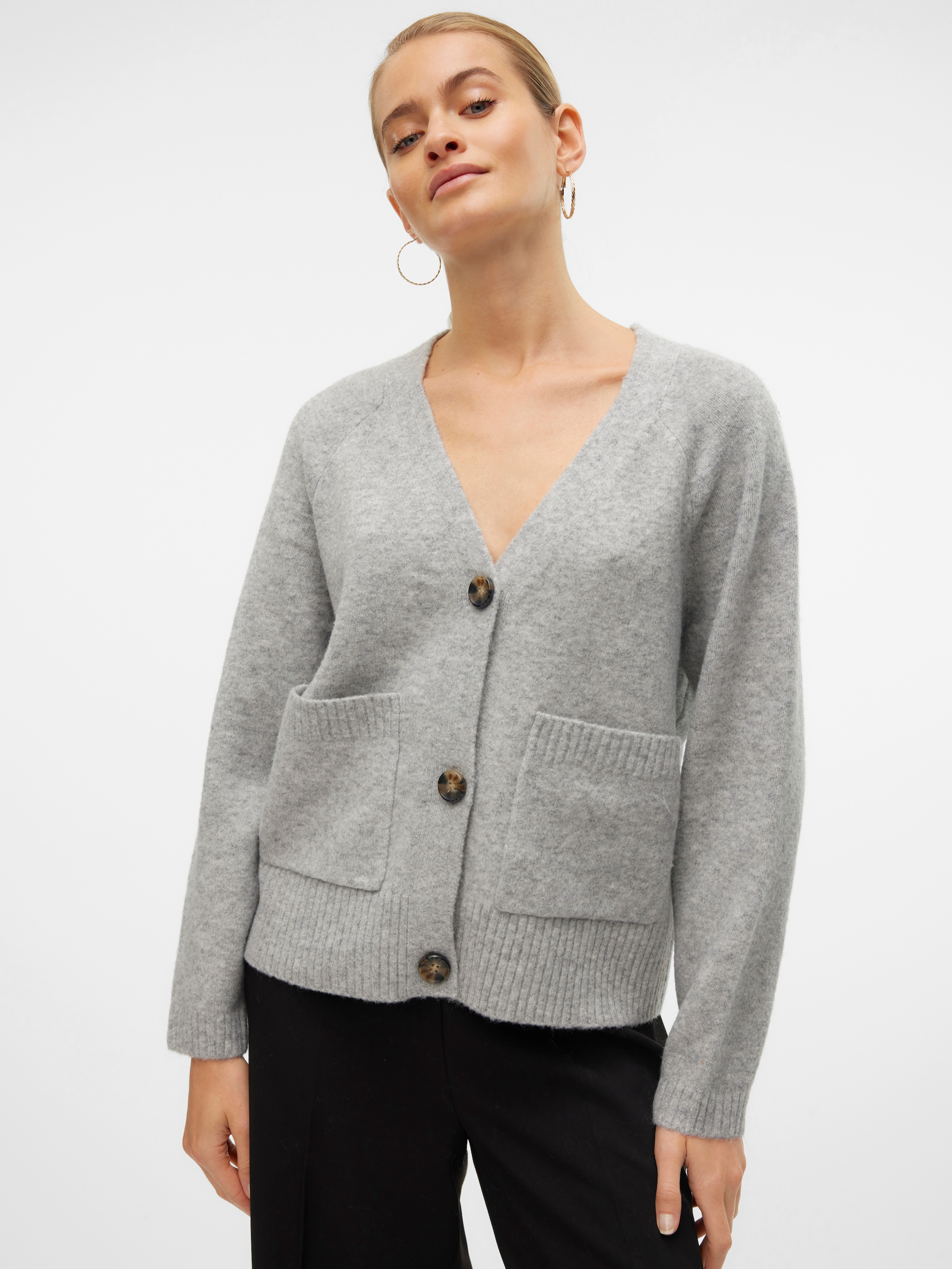 VERO MODA Damen Strickjacke "VMBOOM LS V-NECK BUTTON CARDIGAN GA NOOS", grau, Gr. M, unifarben, Strick, Obermaterial: 85% Polyester, 7% Polyacryl, 5%