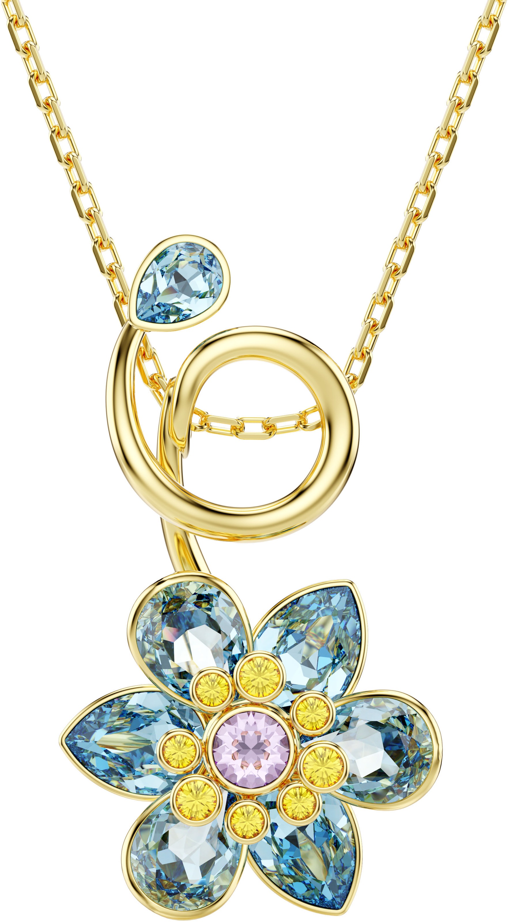 Kette mit Anhänger SWAROVSKI "Schmuck Geschenk Idyllia Anhänger Blume", gold (gelbgoldfarben, blau, gelb, lila), Halsketten, Damen, Metall, L: 49, mit Swarovski Kristall 4