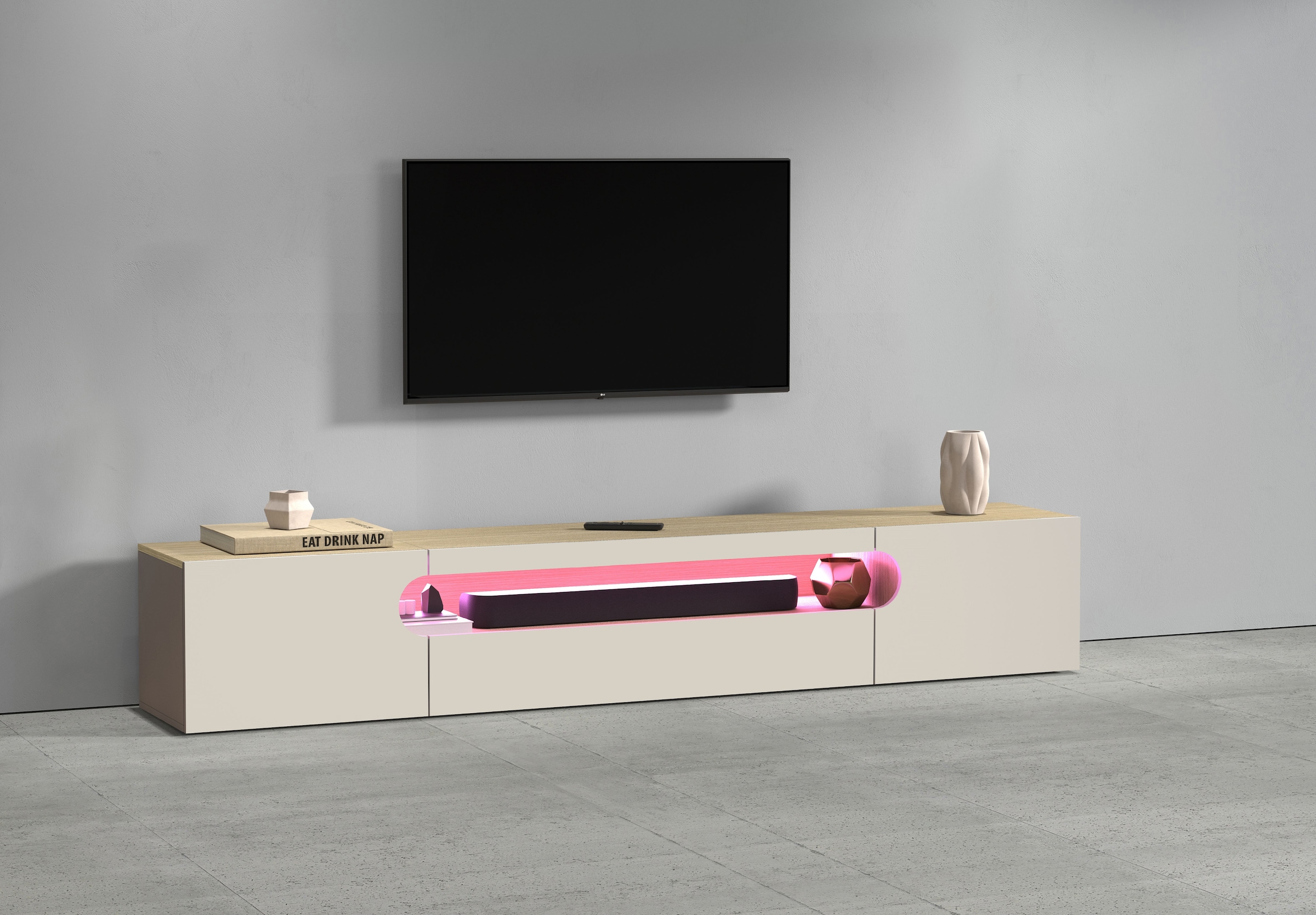 INOSIGN Lowboard »REAL TV-Möbel, 240 cm breit, 40/60 cm hoch, Hochglanz oder matt« mit 2 abgerundeten Türen, 1 Klappe, die ein ovales offenes Fach bilden