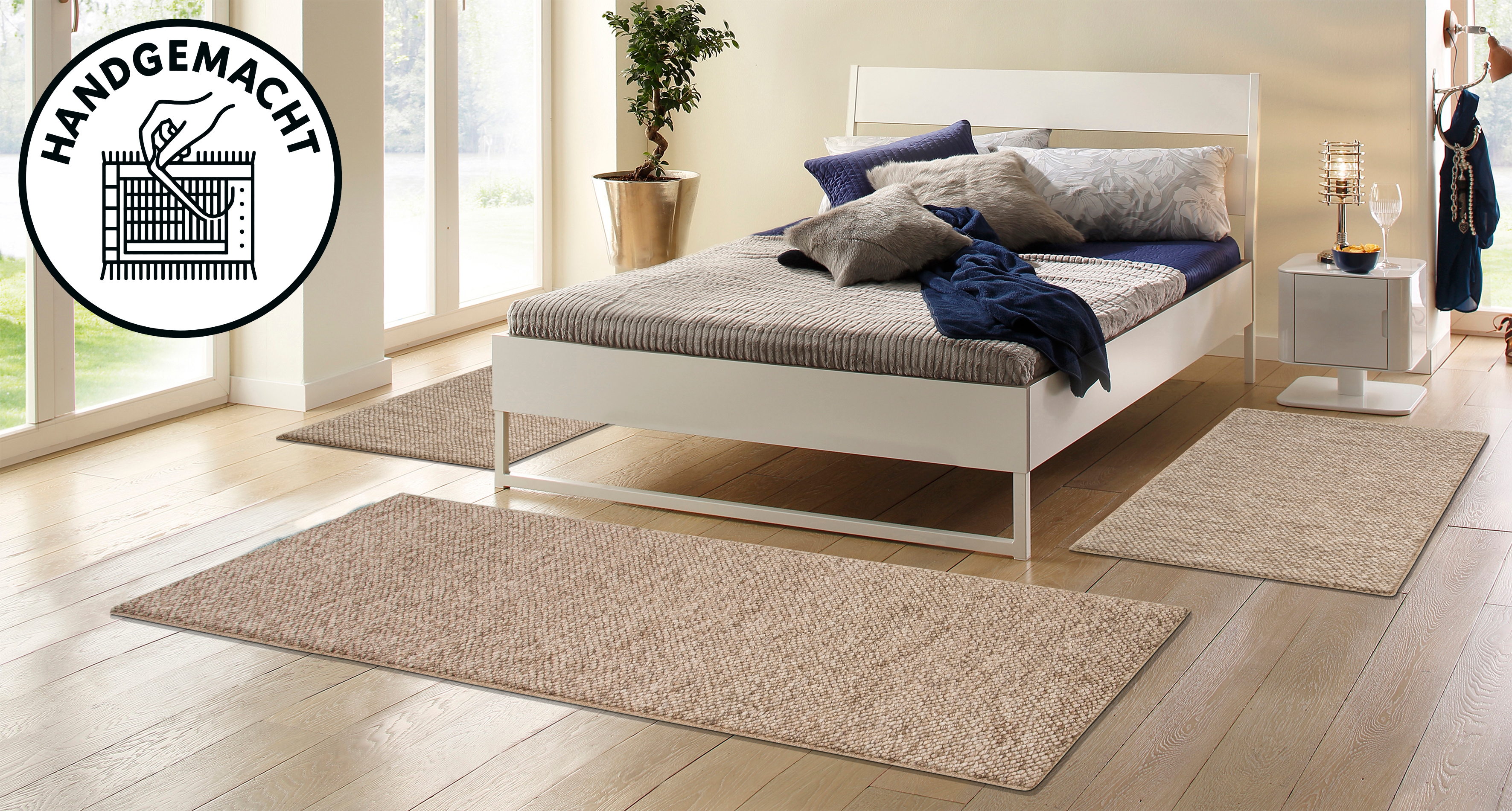 OTTO home Bettumrandung "Wolly, Handweb Teppiche" Höhe 14 mm 3 Stk. tlg. Bettvorleger, Wolle, handgewebt, Läufer-Set Wohnzimmer, Schlafzimmer