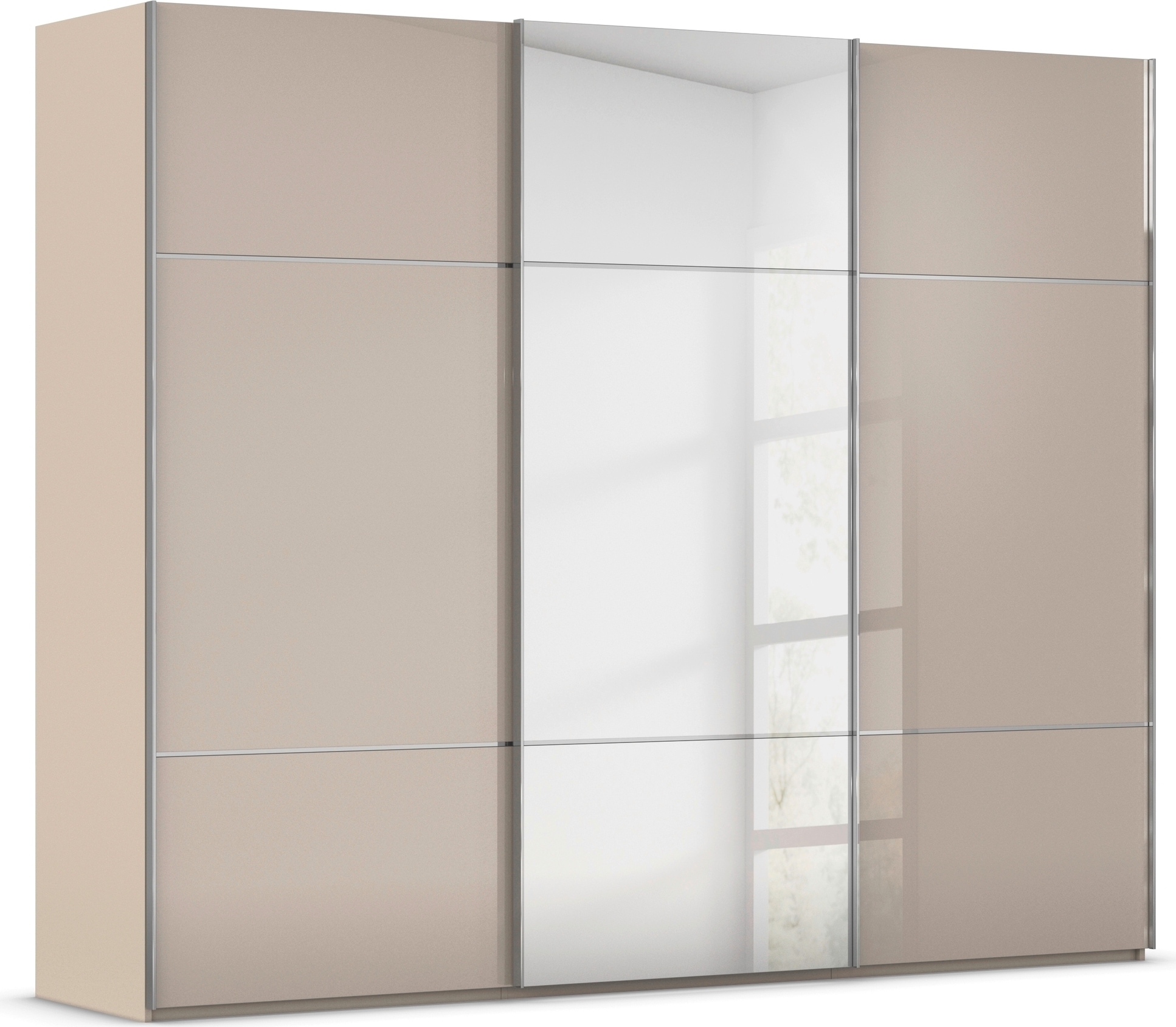 rauch Schwebetürenschrank "Kleiderschrank Schrank Garderobe Schlafzimmerschrank SCALE-TRIO" edle dreigeteilte Front mit 2 Zierleisten Spiegel/Glas MADE IN GERMANY