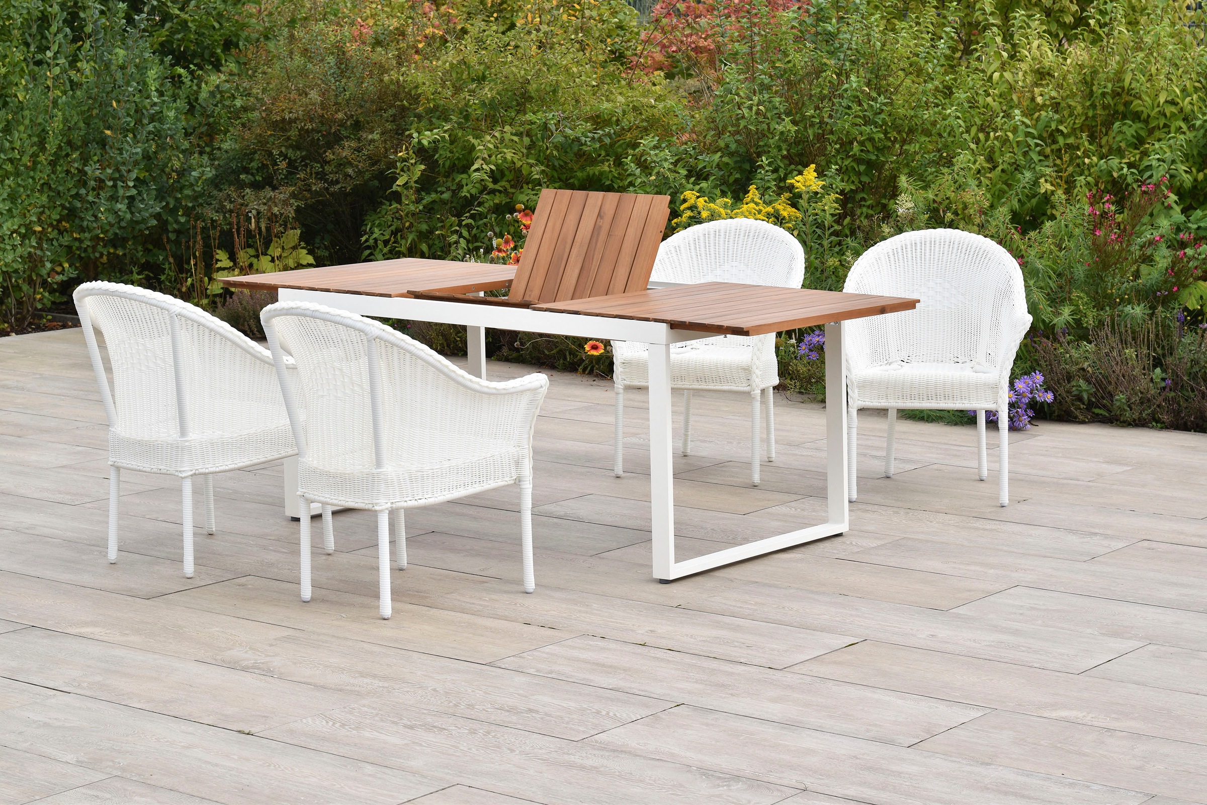 MERXX Garten-Essgruppe »Bamberg« Set, 5 tlg. inkl. 4 Stapelsessel, 1 Ausziehtisch