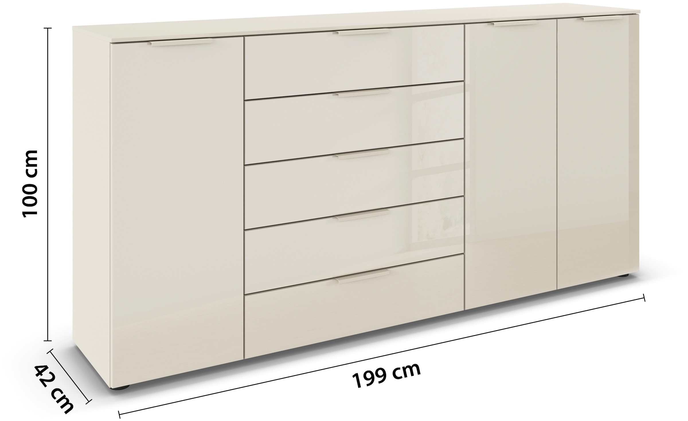 rauch Kombikommode »Kommode Türkommode Sideboard Kombikommode FLIPP mit Glasfront«, (Breite 200 cm mit 4 Einlegeböden), 3-türig mit 5 Schubladen und Soft-Close-Funktion sowie Glasfront