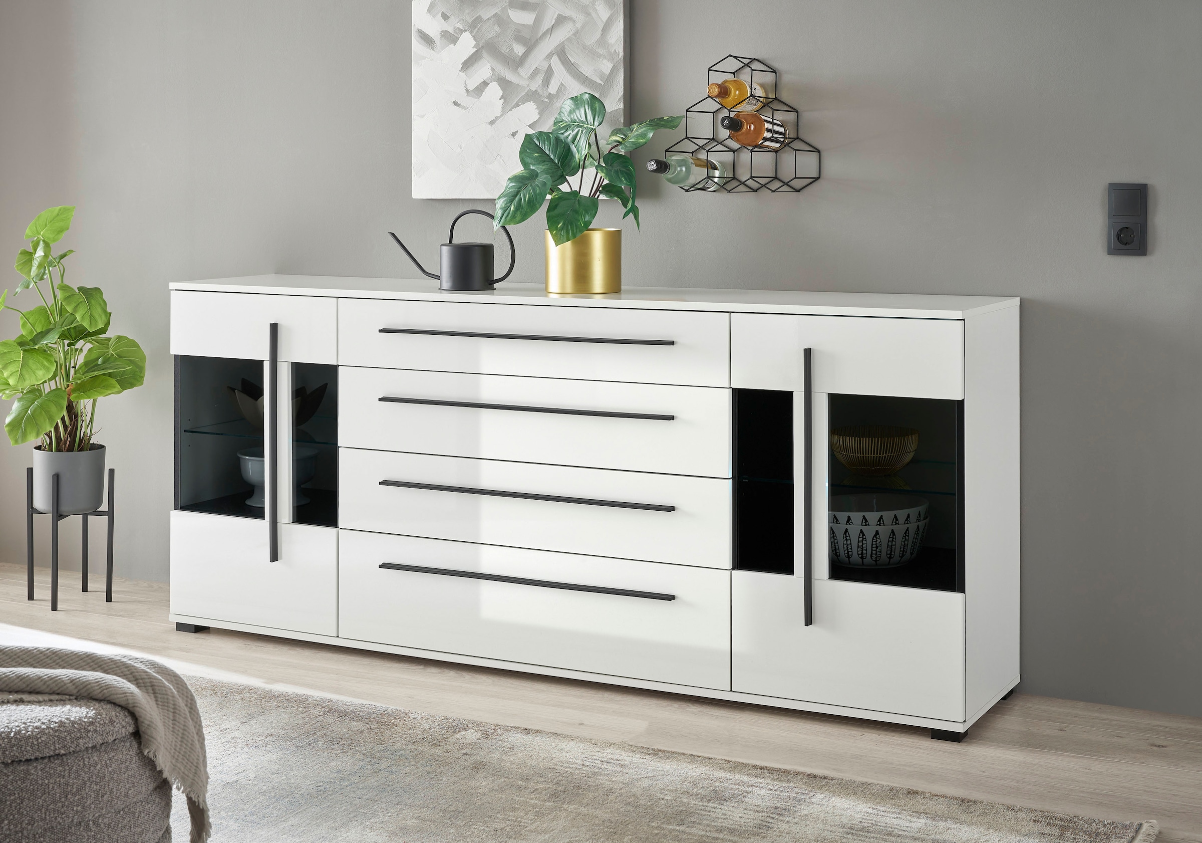INOSIGN Wohnwand »Cantara, moderne Anbauwand, Wohnzimmer-Set, in Eiche Evoke oder Weiß«, (Set), enthält zwei Vitrinen, ein Sideboard und ein Wandboard