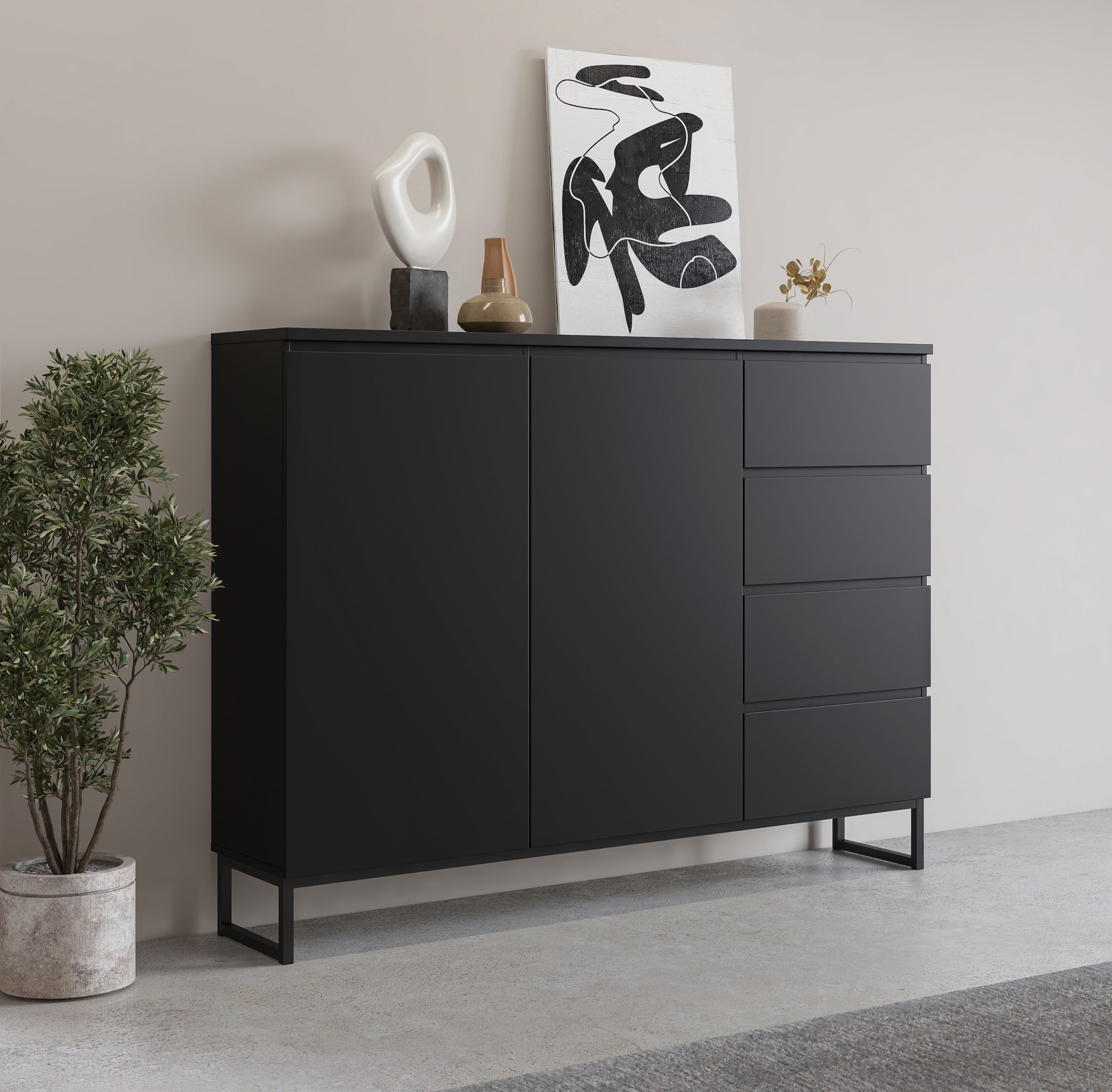 OTTO home Sideboard "Modo II, Breite 150 cm, moderne grifflose Kommode 2Türen/4 SK" Schubladenschrank viel Stauraum, Einlegeböden verstellbar, Metallkufen
