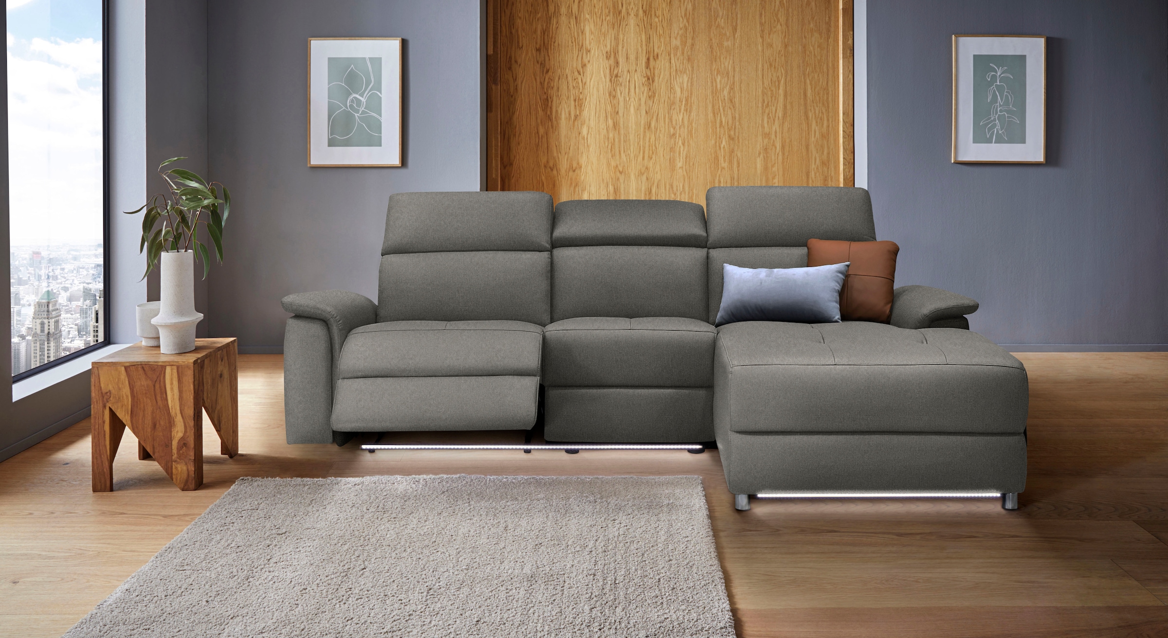 Places of Style Ecksofa »Pareli, L-Form, 259cm,m. Recamiere, Echtleder, Kunstleder, Webstoff«, man. o. elektr. Relaxfunktion, USB/Kopfteilverstellg u. LED
