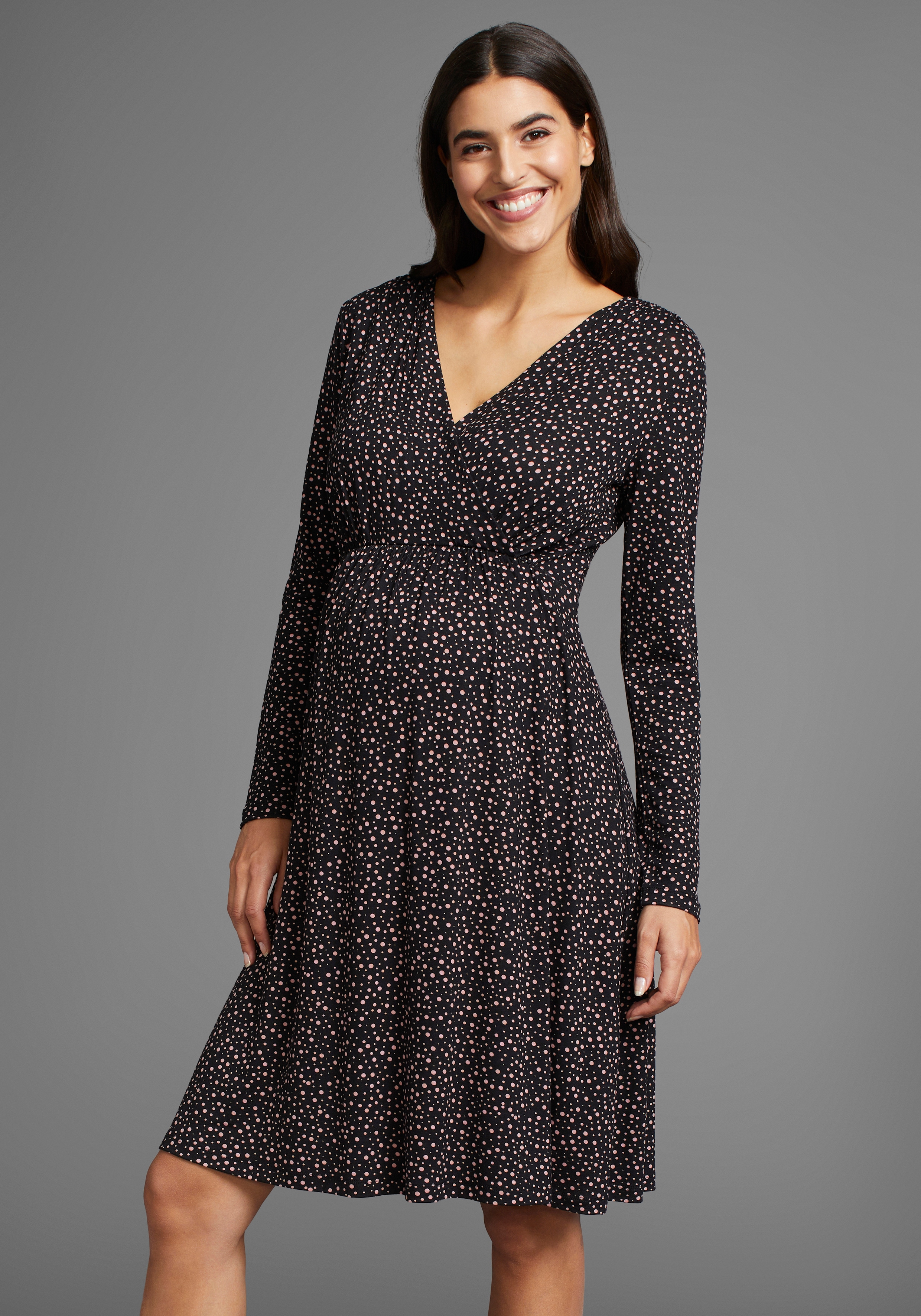 Neun Monate Umstandskleid ", Viskose-Kleid für Schwangerschaft und Stillzeit", Stillkleid in fließender Form und mit modischem Mustser
