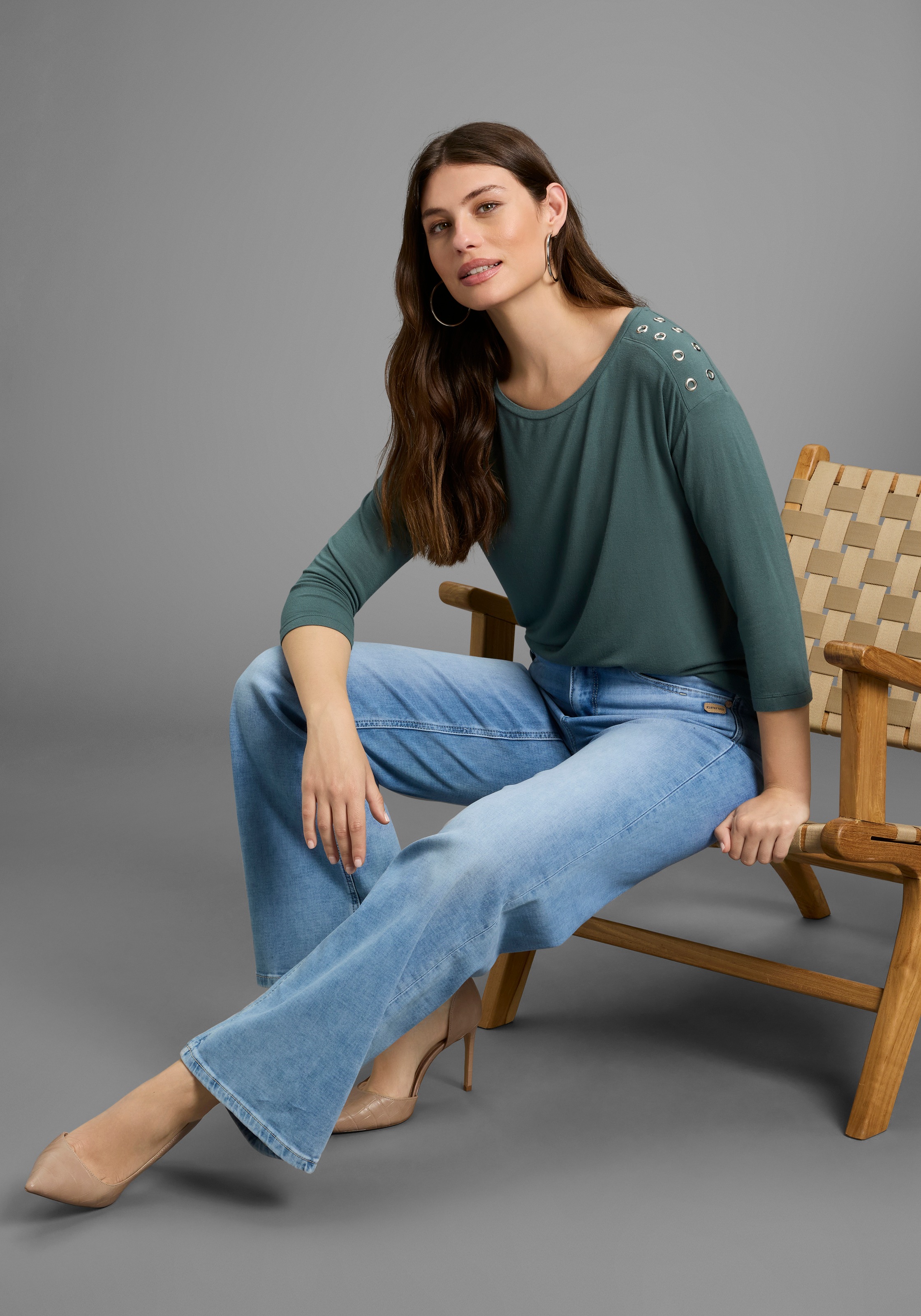 3/4-Arm-Shirt LAURA SCOTT, Damen, Gr. 36/38, balsam grün, Jersey, Obermaterial: 95% Viskose, 5% Elasthan, unifarben, figurumspielend hüftbedeckend, U-Boot-Ausschnitt, Shirts 3/4-Arm-Shirt, mit Metall-Ösen auf der Schulter 3