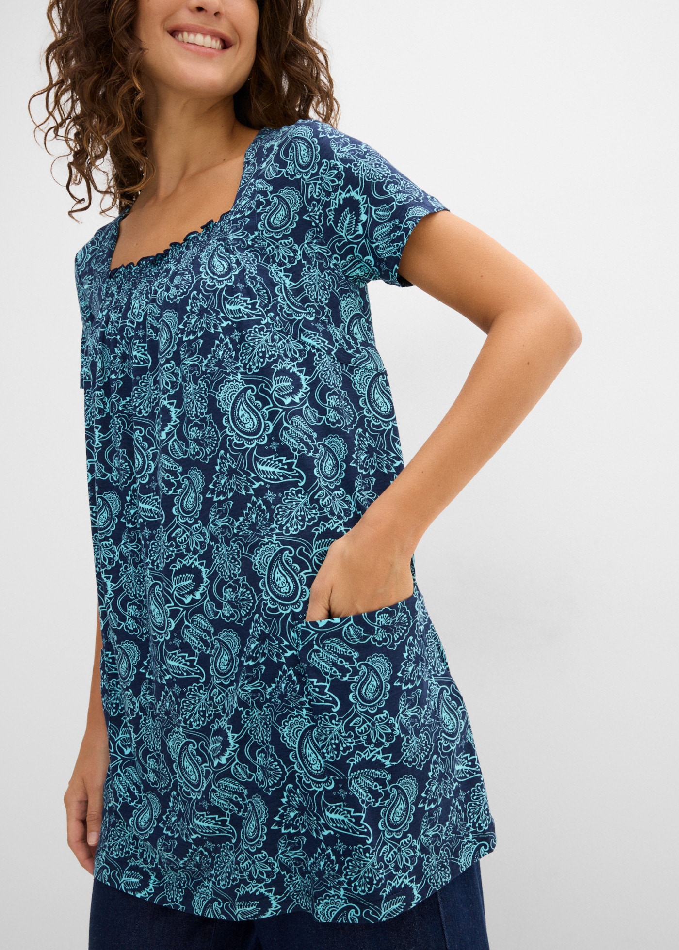 bonprix Tunikashirt mit gerafftem Ausschnitt, in A-Linie, Kurzarm-Design