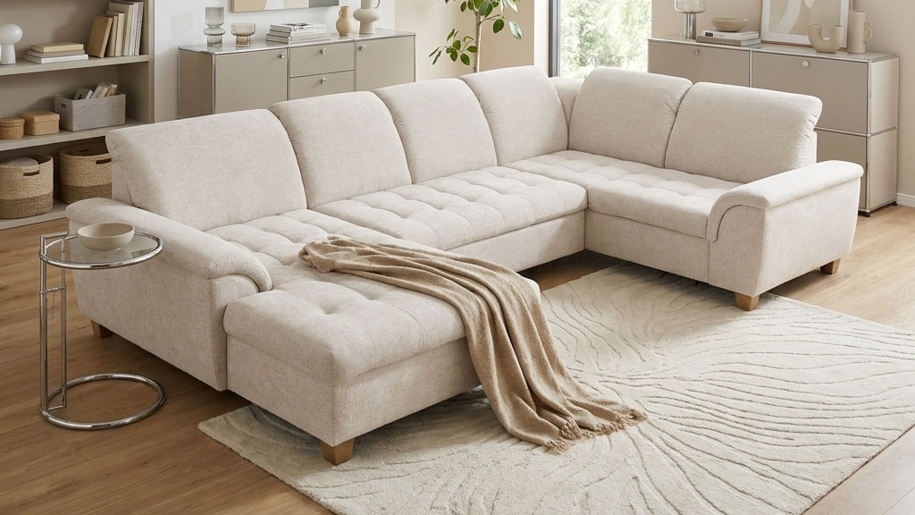 OTTO home Wohnlandschaft "Egedal 344 x 214 cm, auch mit Schlaffunktion & Bettkasten, Holzfüße" U-Form, aus pflegeleichtem Lu x us-Microfaser